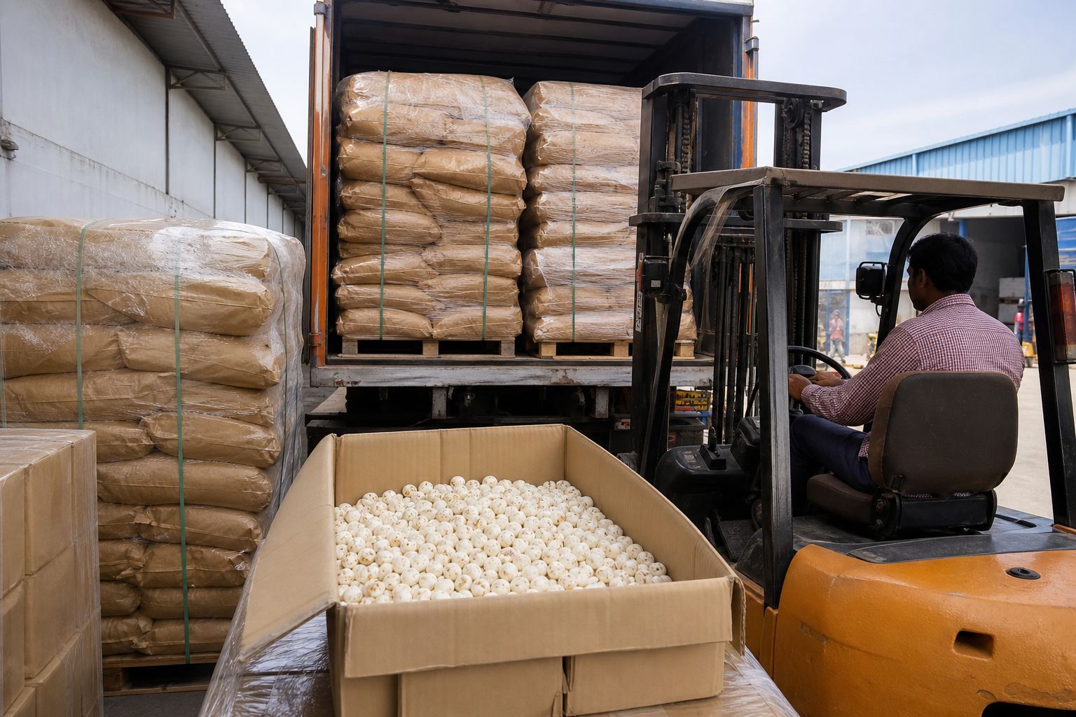 Truck loading palletized bags of Indian fox nuts (makhana) at a warehouse dock for haul to the export port