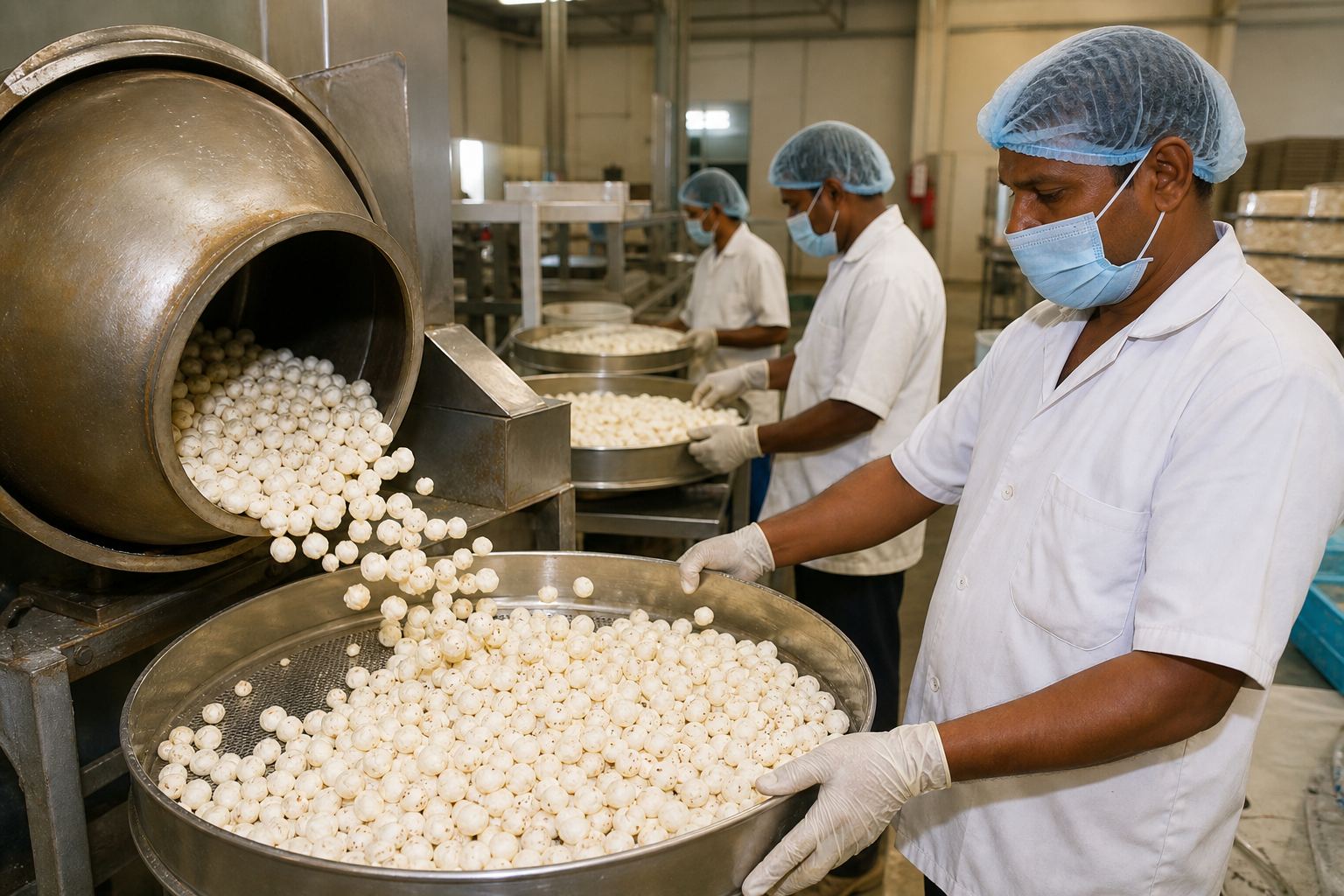 Workers roasting and popping white fox nuts (makhana) on stainless pans in an Indian snack processing plant