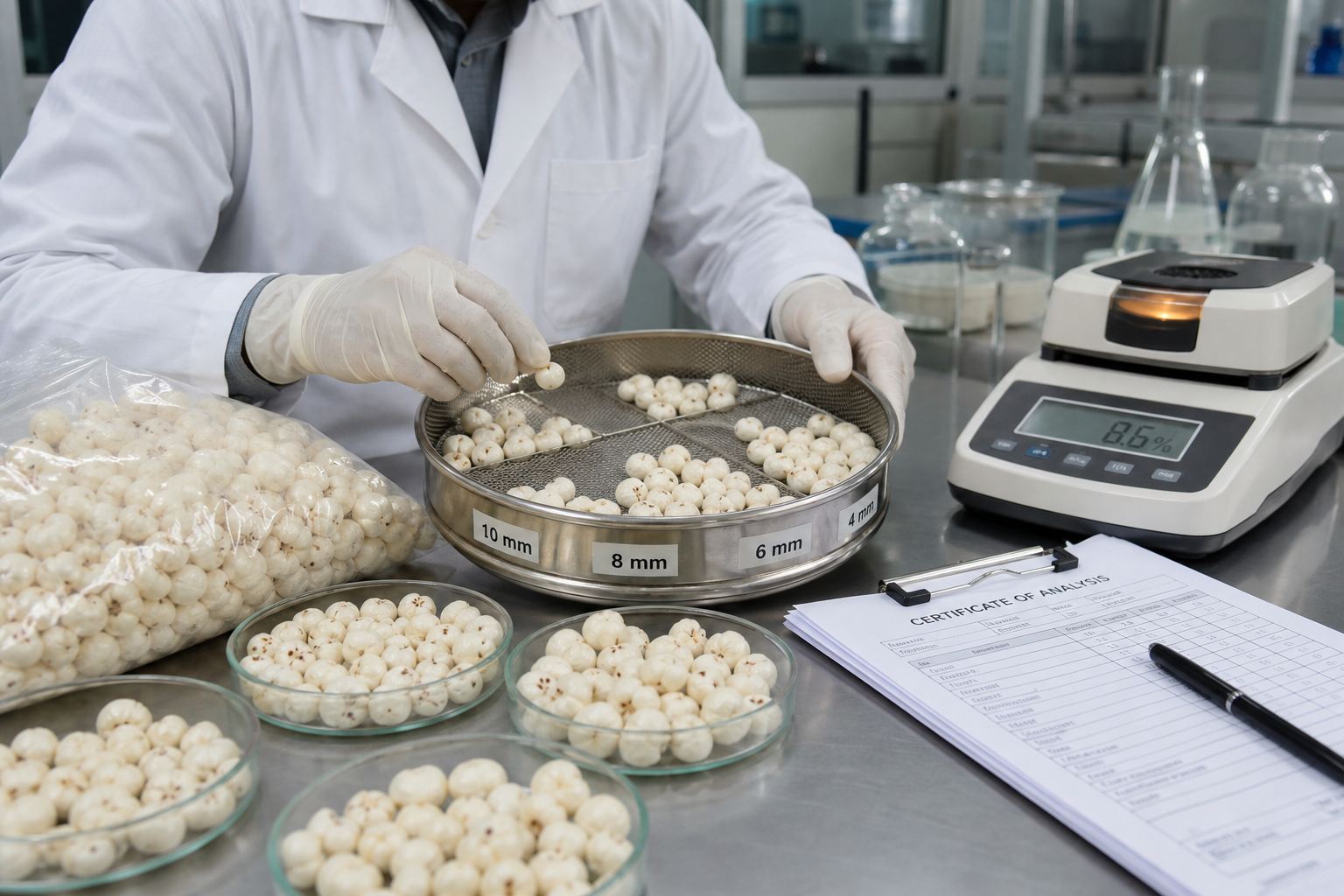 Laboratory analyst measuring fox nut (makhana) size grade, moisture, and sample trays for an export Certificate of Analysis