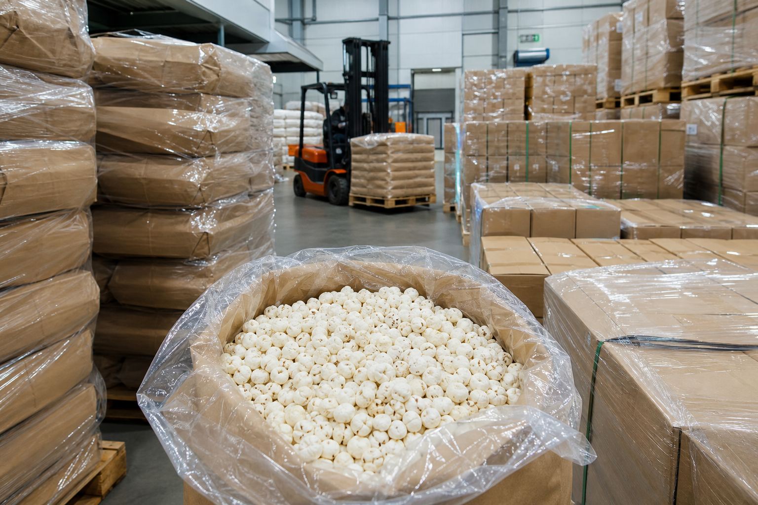 Palletized kraft bags of Indian fox nuts (makhana) staged in a dry export warehouse with open sample bag of white kernels