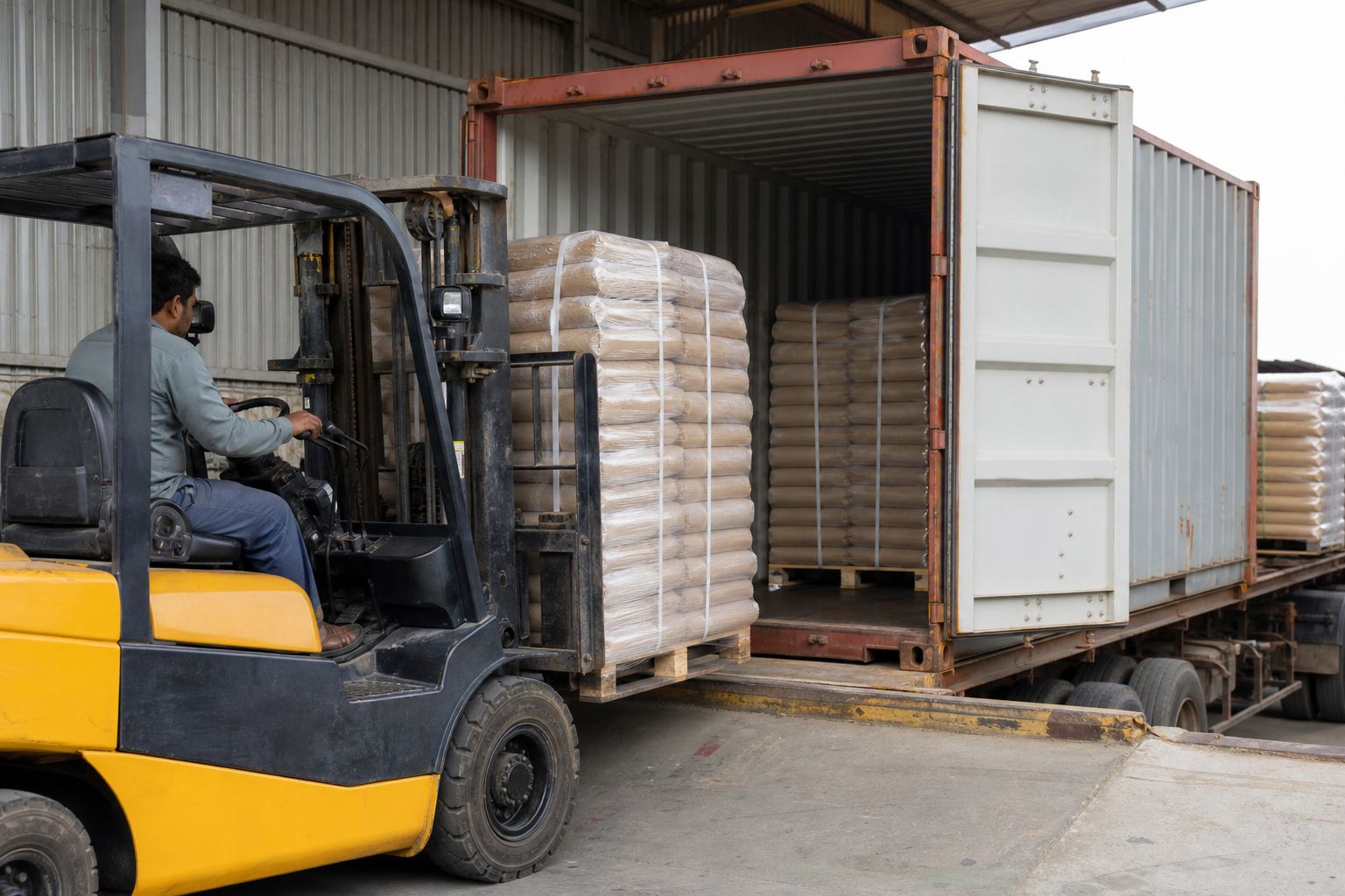 Forklift stuffing palletized kraft bags of Indian fruit powder into a shipping container for FCL export