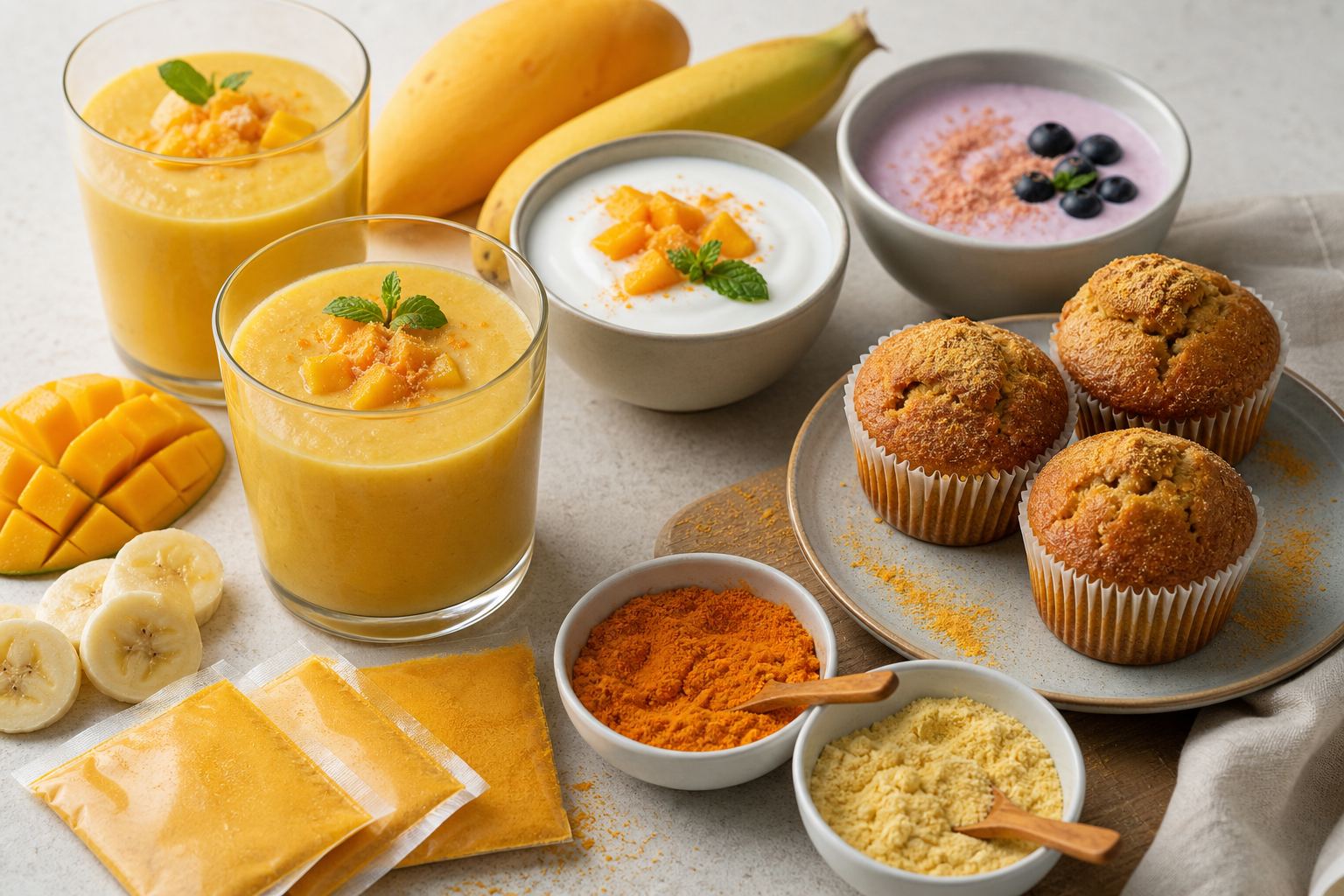 Smoothies, yogurt bowls, bakery muffins, and bowls of mango and banana powder showing fruit powder end-use applications