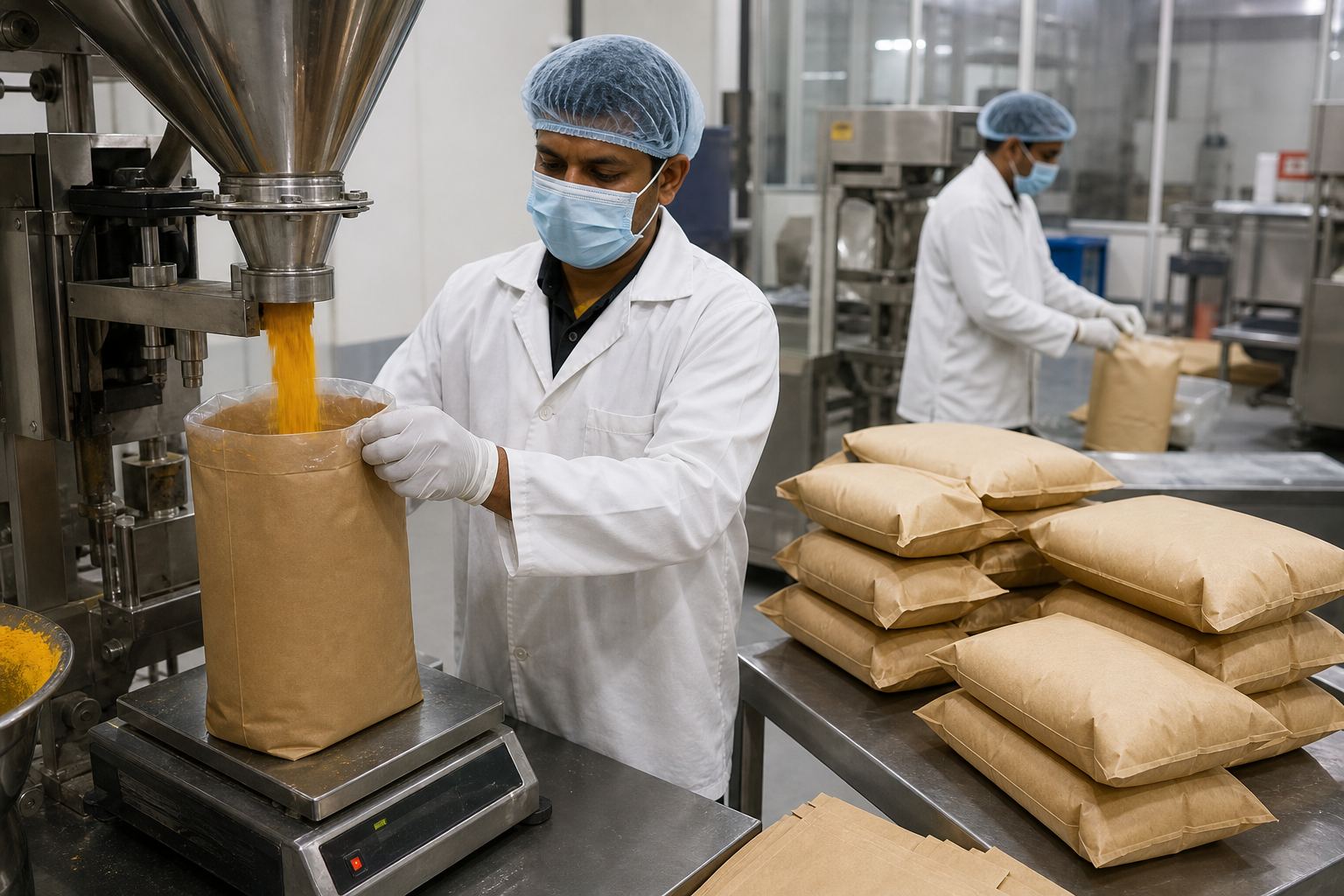 Export packaging line filling multiwall kraft bags with PE liners with orange-yellow mango fruit powder