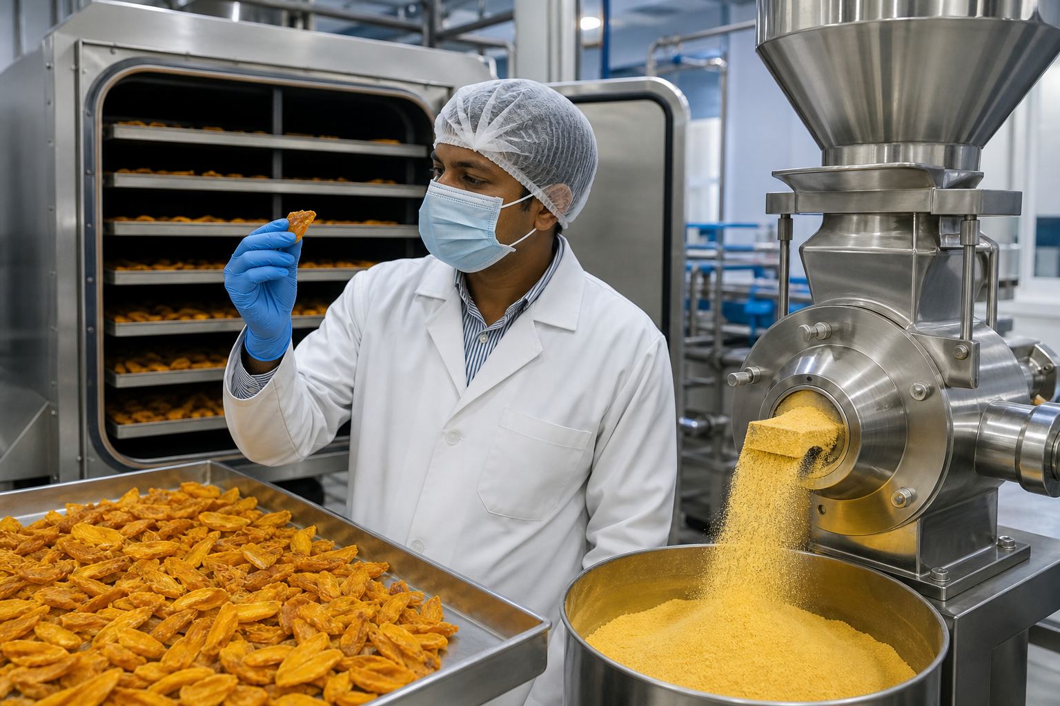 Technician inspecting freeze-dried mango pieces before milling into premium fruit powder in a stainless Indian plant