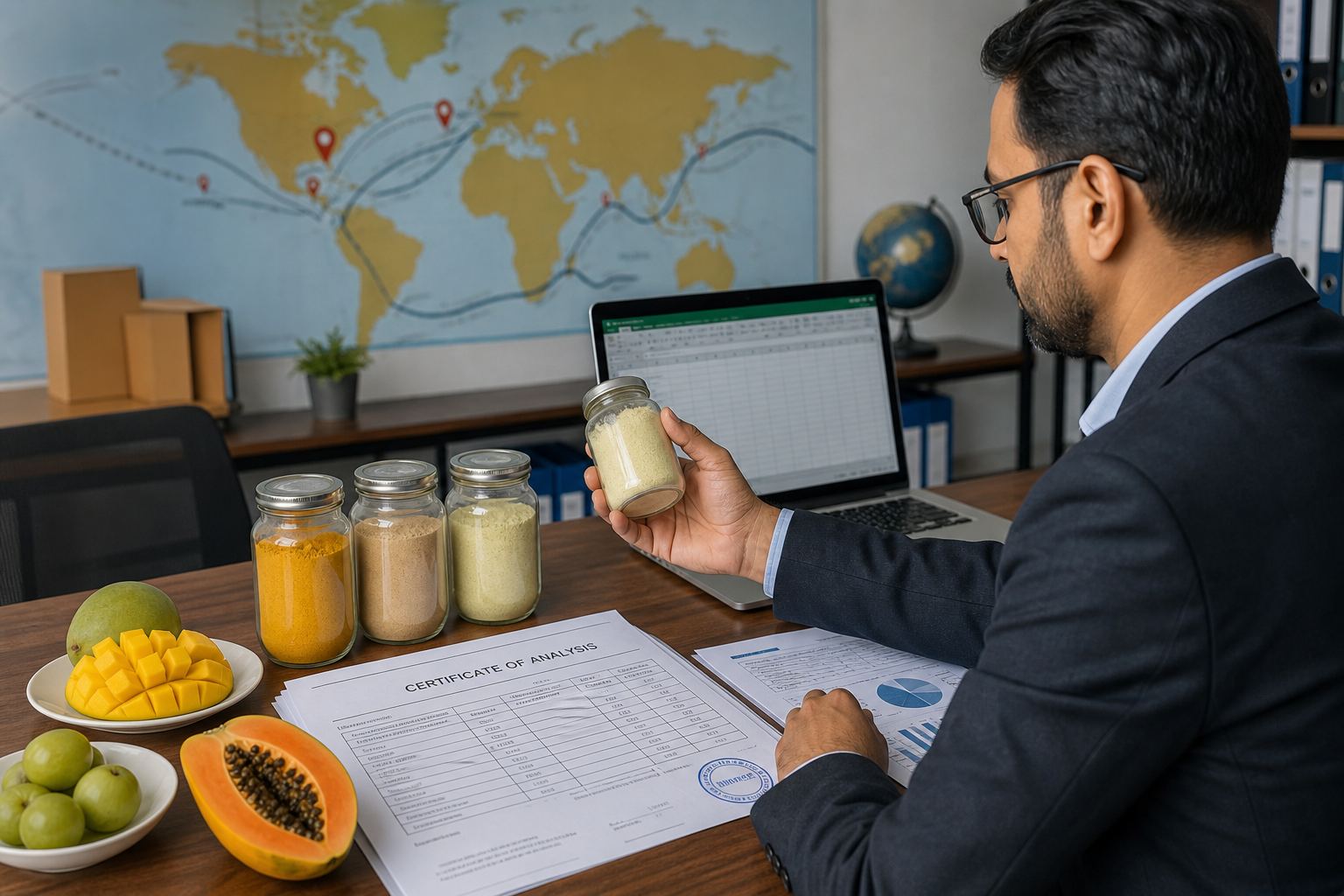 Export desk reviewing Indian fruit powder sample jars with trade documents and a world route map