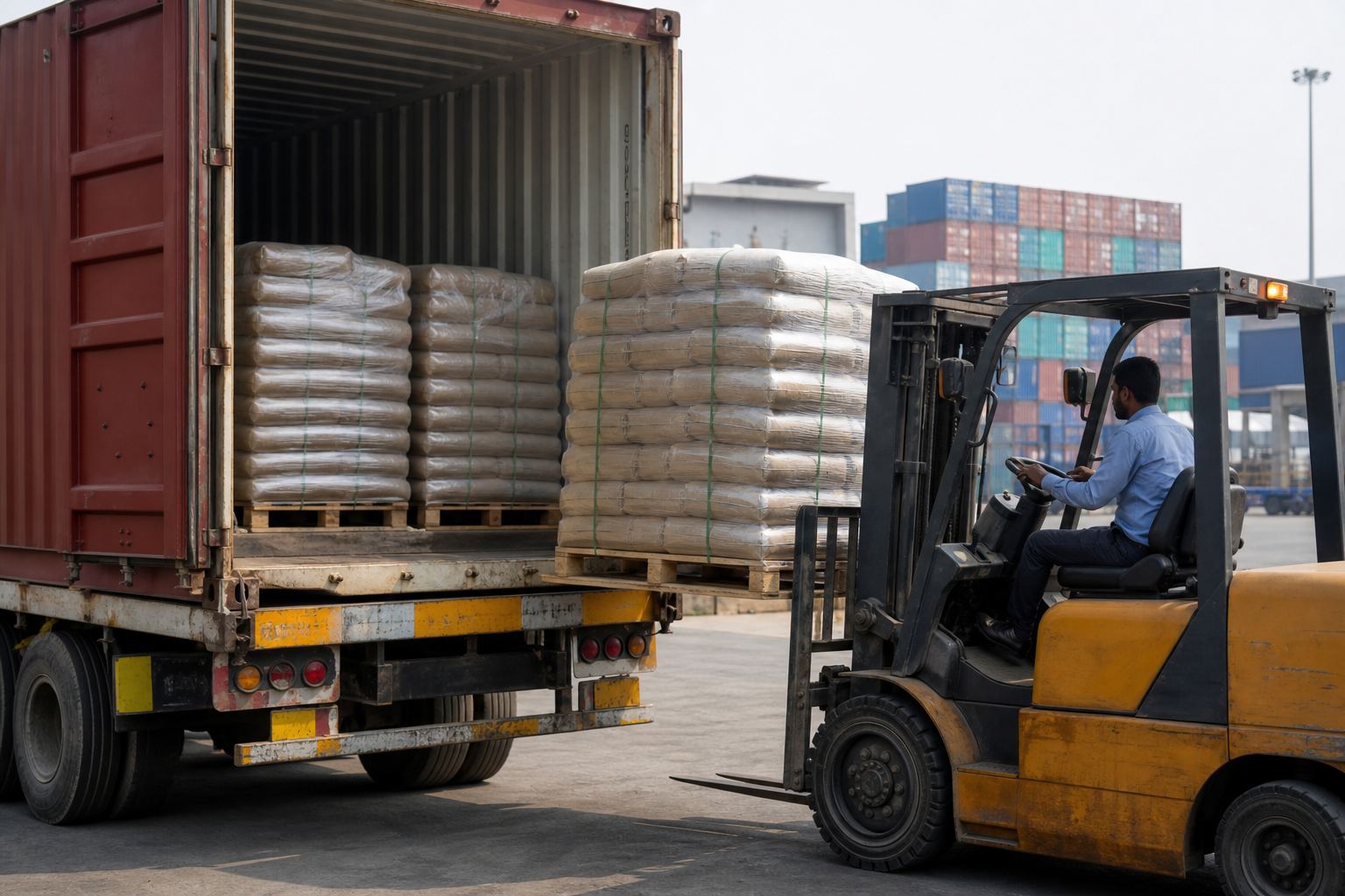 Forklift loading palletized fruit powder export bags onto a truck at an Indian container freight station