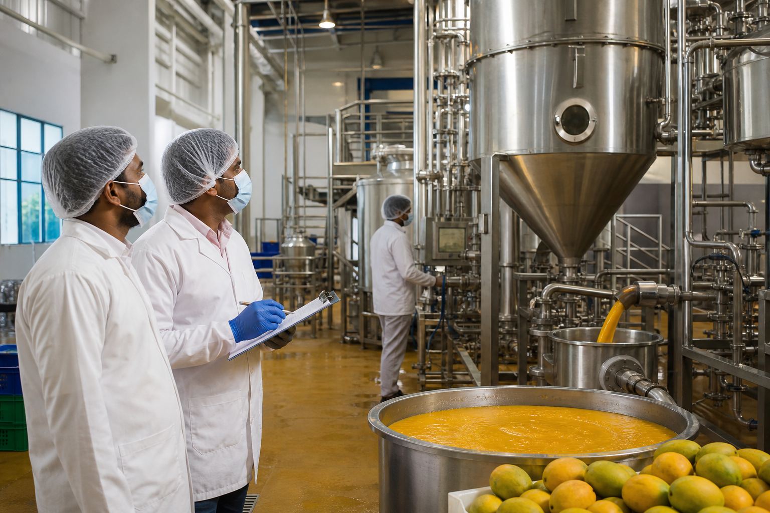 Food-safety workers supervising a stainless spray-drying line converting mango puree into fruit powder in an Indian plant