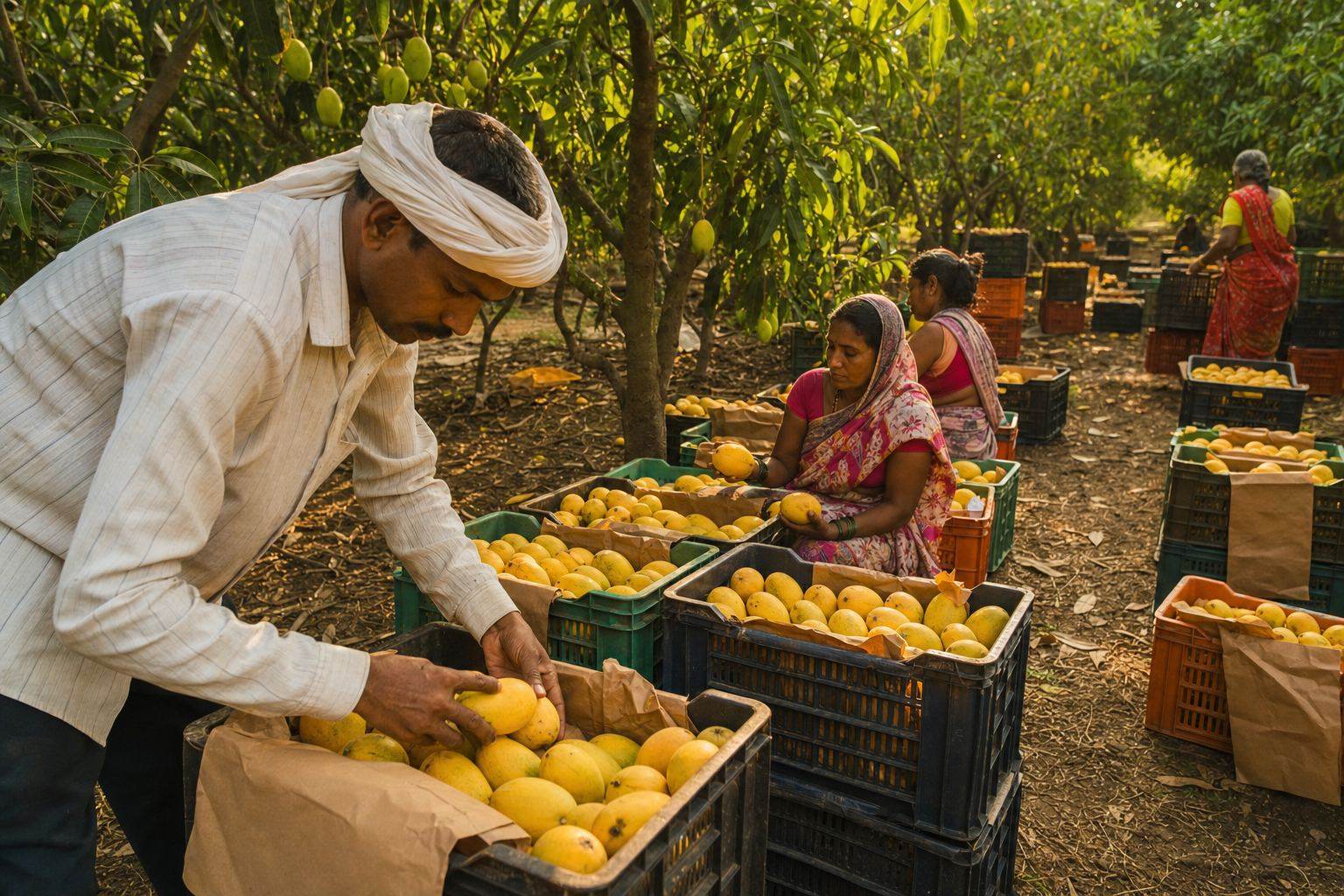 Workers harvesting ripe mangoes into crates in an Indian Konkan-style orchard for fruit powder pulp supply