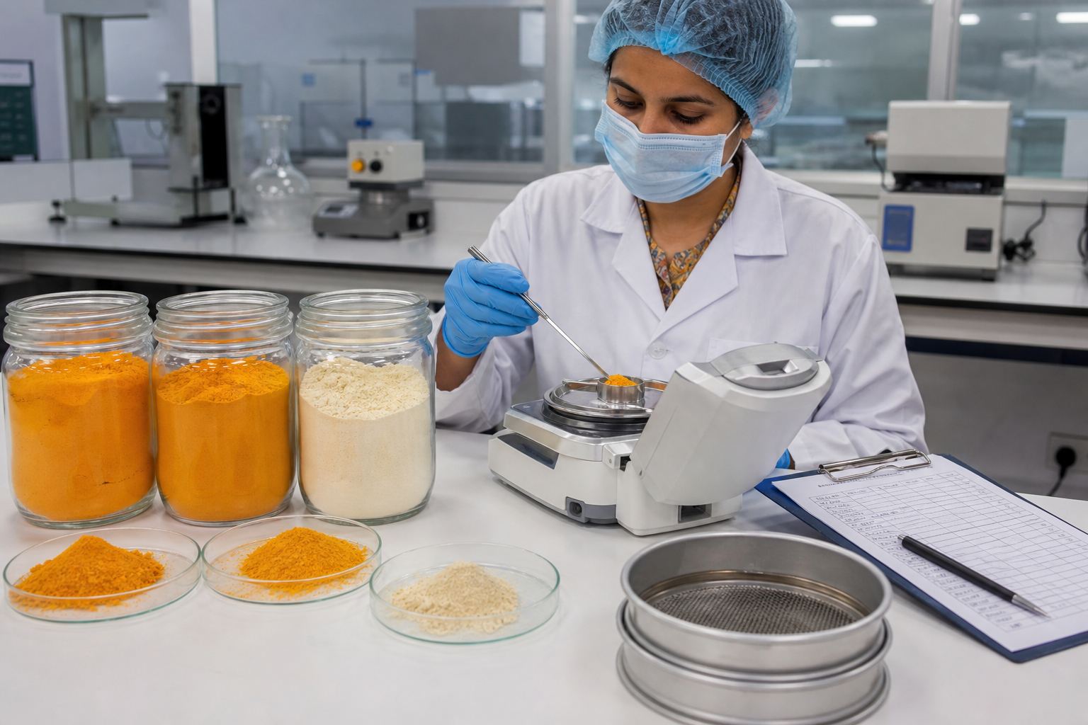 Laboratory analyst testing mango and banana fruit powder samples for moisture, mesh, and COA release before export