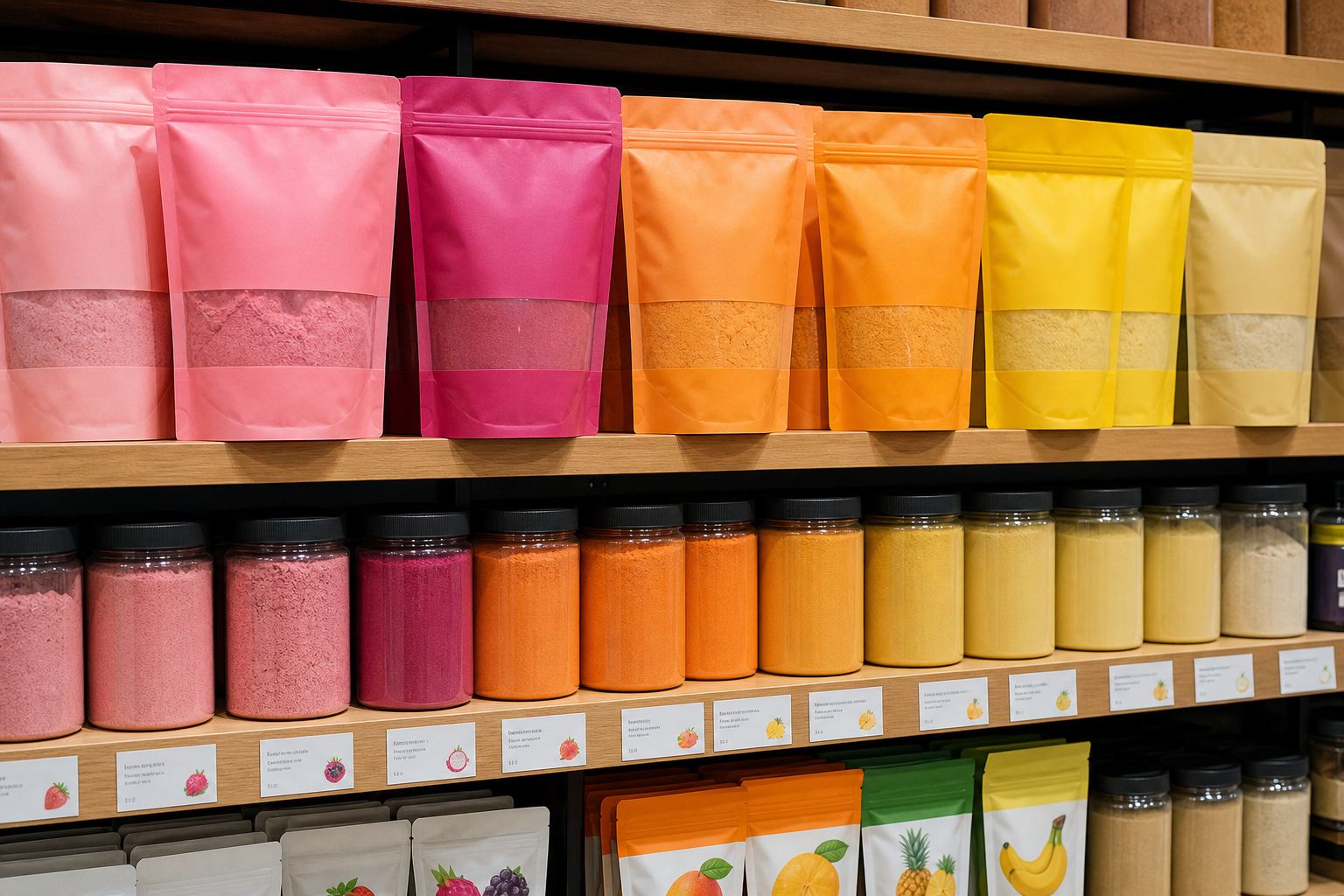 Private-label pouches and jars of fruit powder for smoothies and baking displayed on a specialty grocery shelf