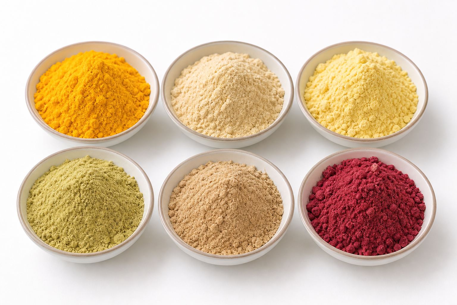 Side-by-side bowls of mango, banana, pineapple, guava, amla, and pomegranate fruit powders for export SKU comparison