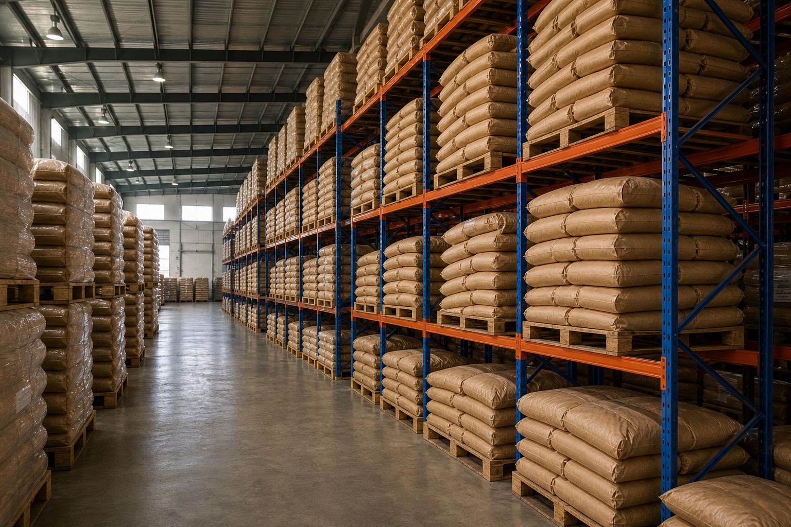 Palletized kraft bags of Indian fruit powder stored in a dry food-grade export warehouse