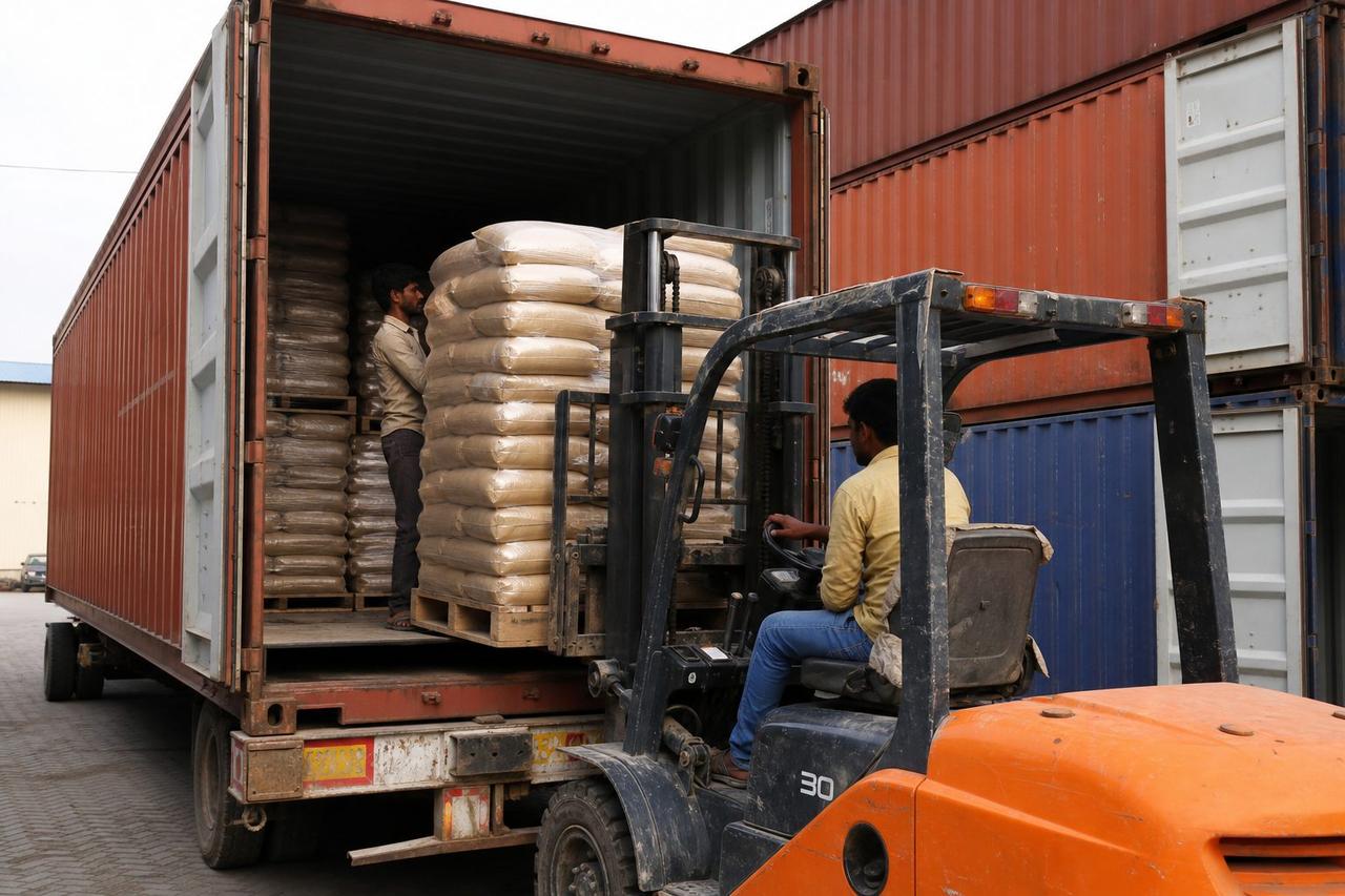 Workers stuffing palletized Multani mitti kraft bags into a shipping container for FCL clay export