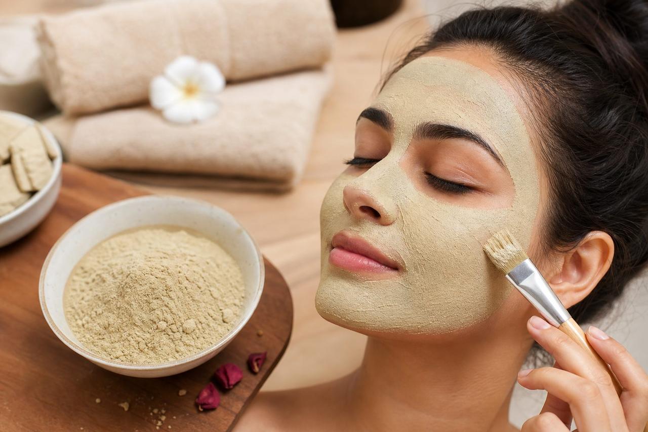 Cosmetic Multani mitti face mask with fine Fuller's earth powder in a bowl and clay applied as a natural skincare treatment