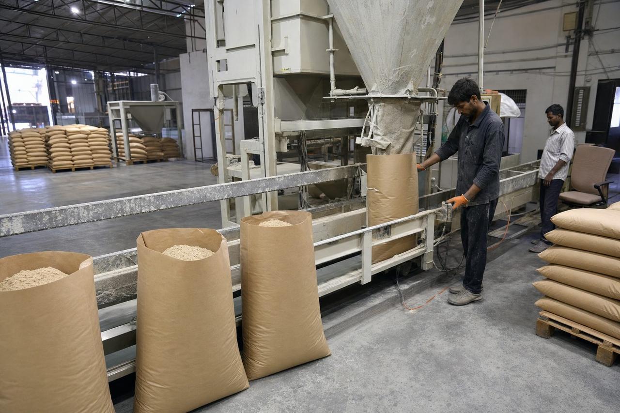 Export packaging line filling multiwall kraft bags with PE liners with Multani mitti Fuller's earth powder