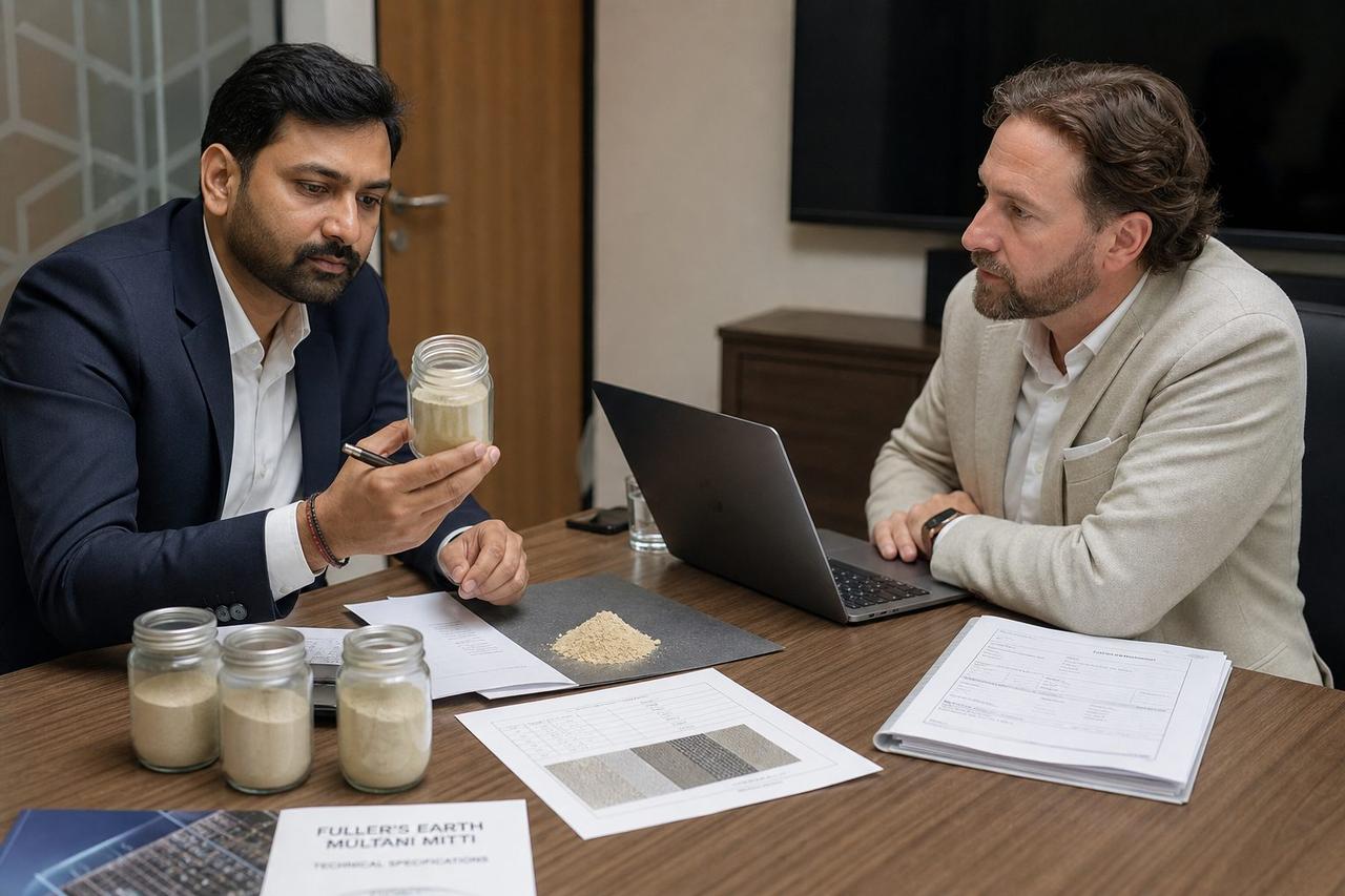 International buyer and Indian exporter reviewing Multani mitti clay samples mesh specs and shipping documents at a sourcing meeting