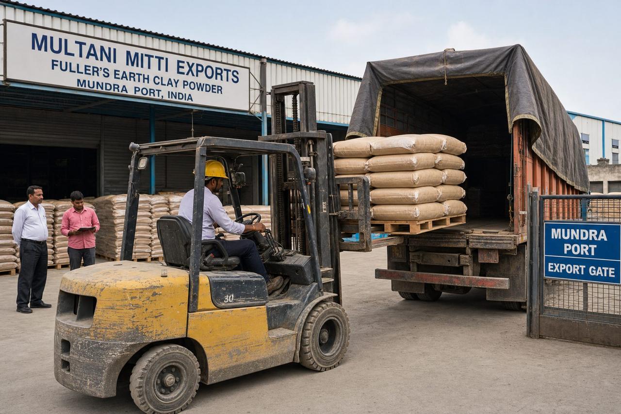 Forklift loading palletized Multani mitti bags onto a truck for inland transport to an Indian export port