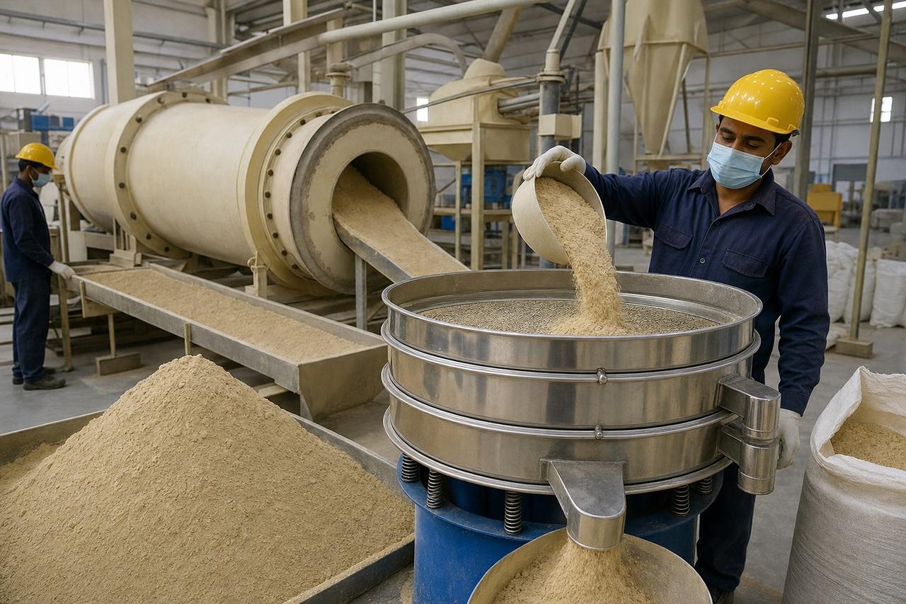 Workers milling and screening beige Multani mitti Fuller's earth clay powder in an Indian mineral processing plant