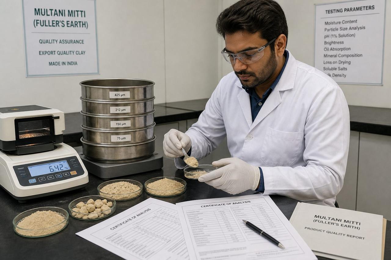 Laboratory analyst testing Multani mitti clay samples for mesh moisture and heavy metals for an export Certificate of Analysis