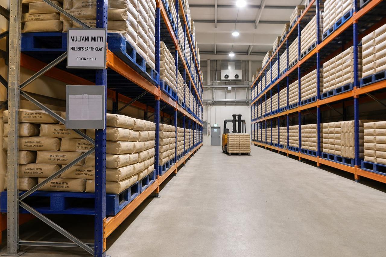 Palletized kraft bags of Multani mitti Fuller's earth stored in a dry export warehouse before container stuffing