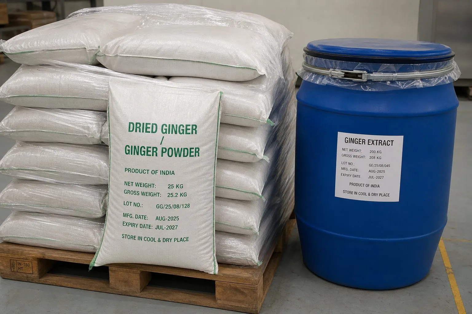 Pallet of 25 kg food-grade ginger powder bags beside a sealed HDPE ginger extract drum ready for export