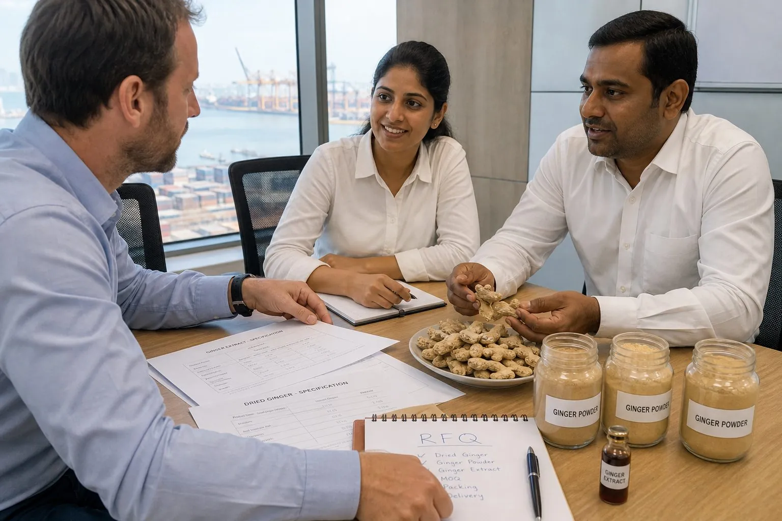 International buyer reviewing Indian ginger rhizome, powder, and extract samples with a merchant exporter during specification and FOB discussion