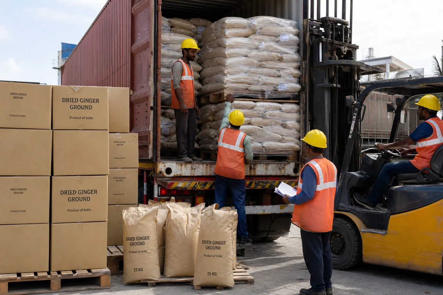 Workers loading palletized Indian ginger bags onto a truck for haul from processing clusters to Kochi, Chennai, or Mundra
