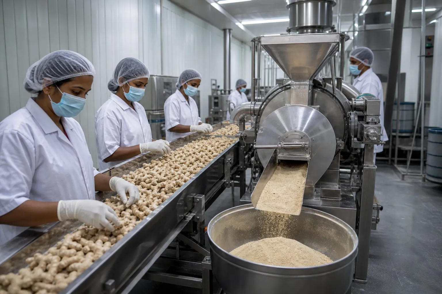 Workers in hygienic gear sorting ginger rhizomes on a stainless conveyor while a mill produces beige ginger powder in a Kerala-style export plant