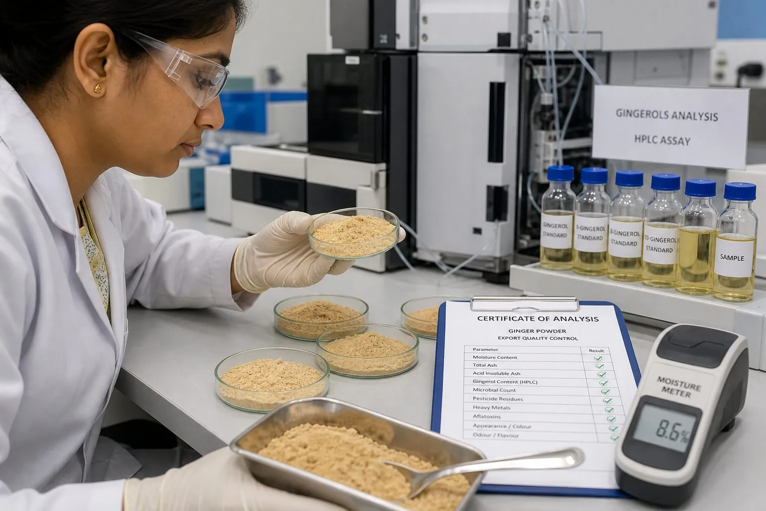 Laboratory analyst inspecting ginger powder samples beside HPLC gingerol vials, moisture meter, and a Certificate of Analysis checklist