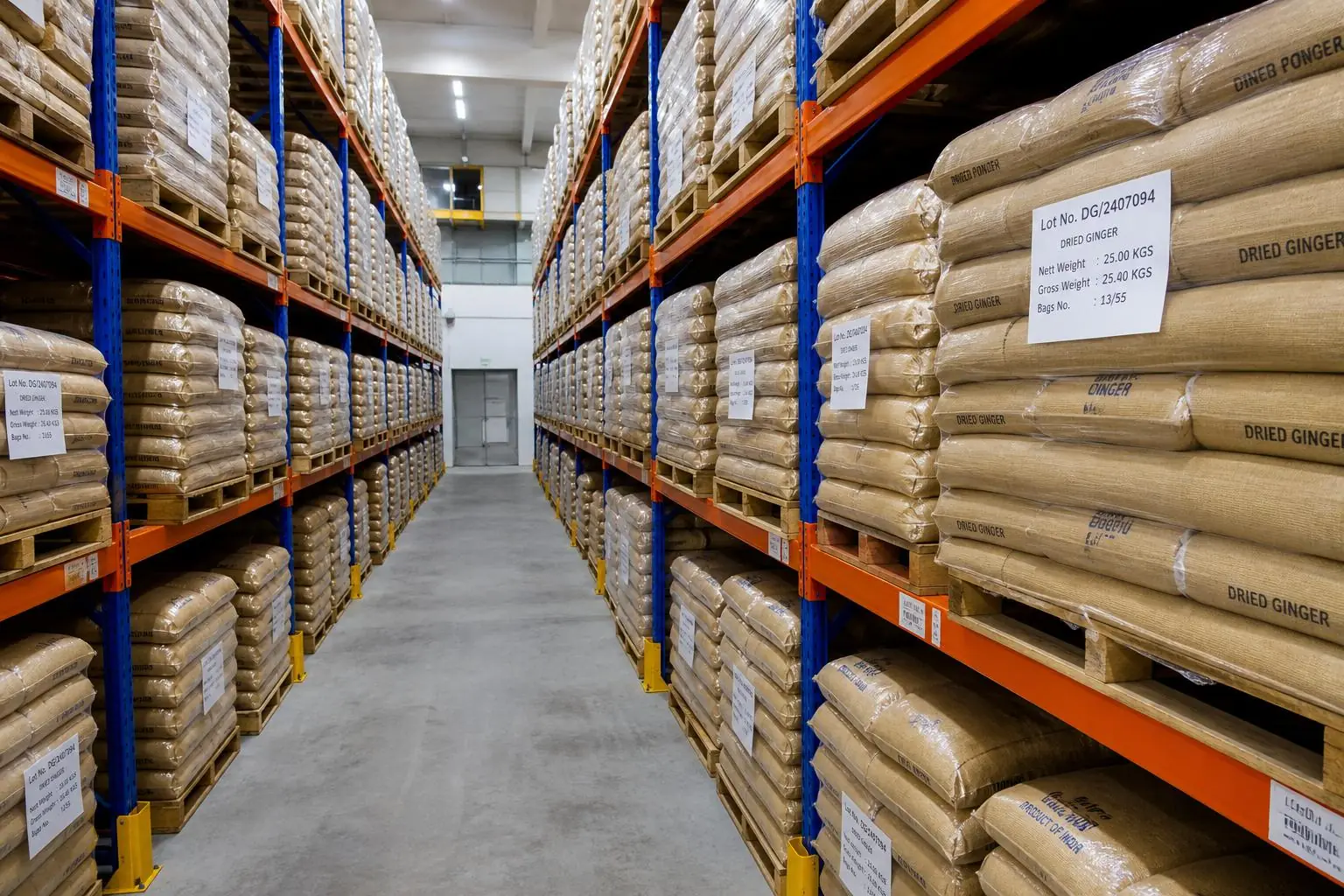 Palletized bags of Indian ginger powder staged on dry warehouse racks before port dispatch