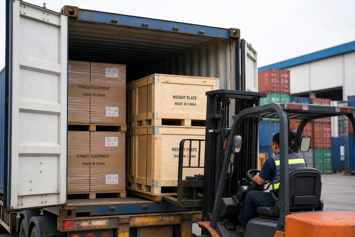 Forklift stuffing palletized gym equipment cartons and weight plate crates into a shipping container for FCL export