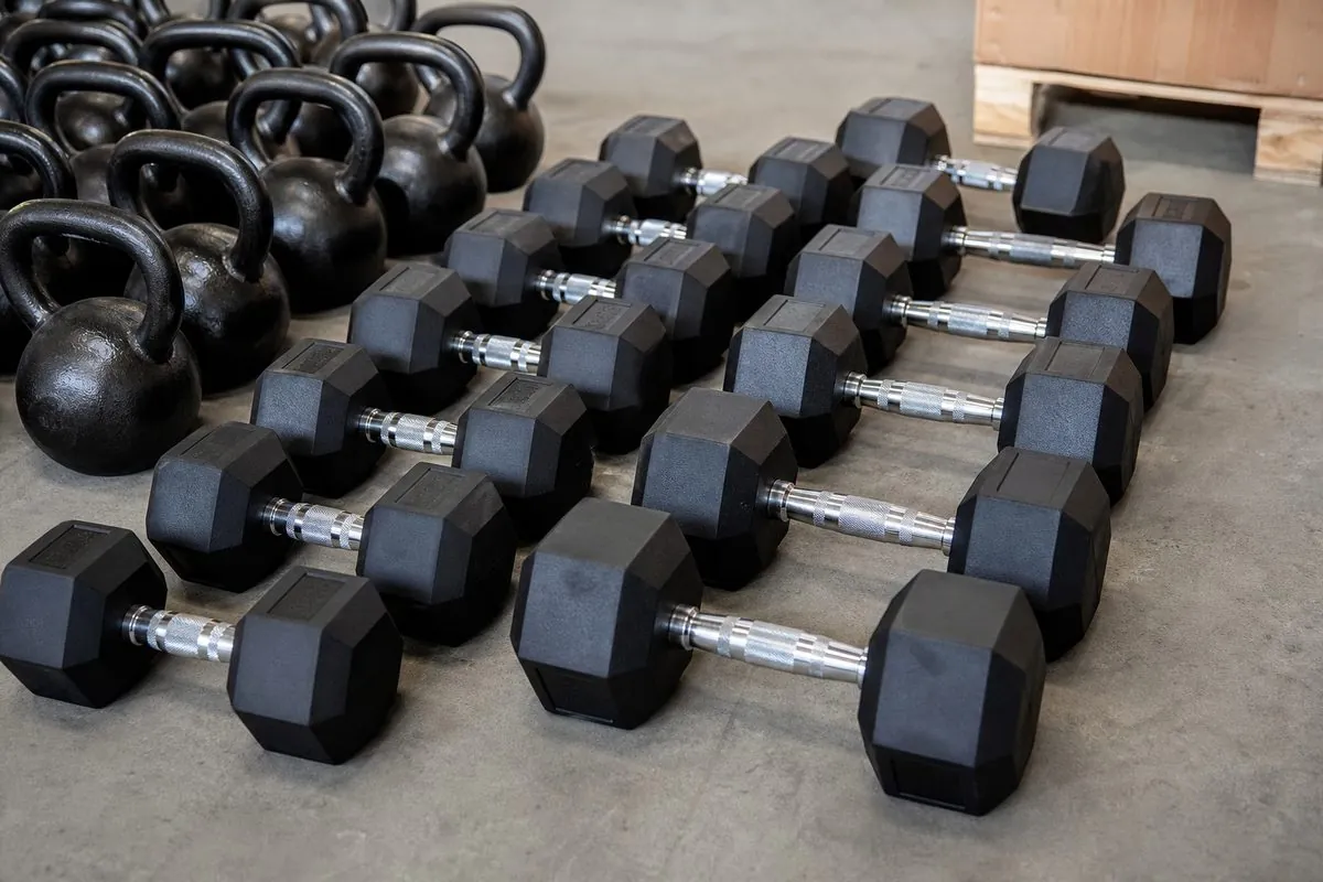 Close-up of rubber hex dumbbells and cast iron kettlebells arranged for export wholesale