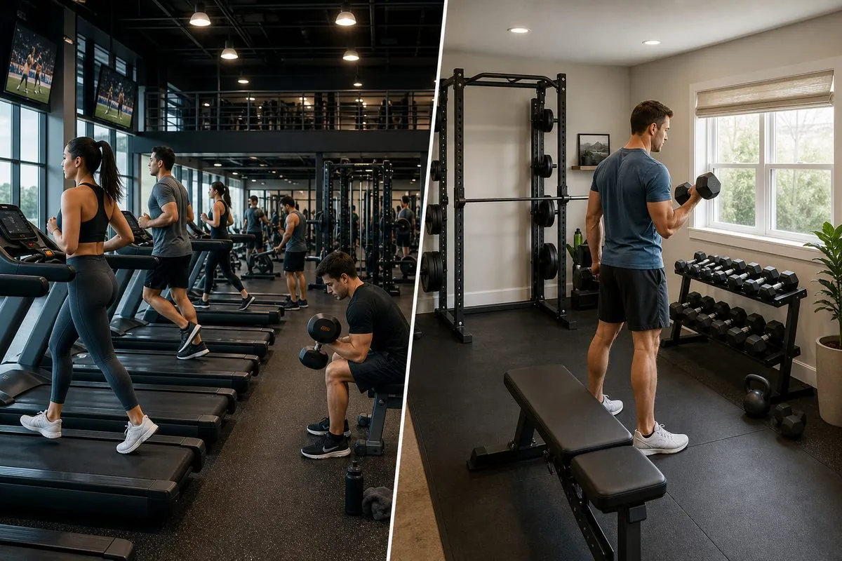 People training with free weights in a commercial gym and home gym setup showing end-use applications