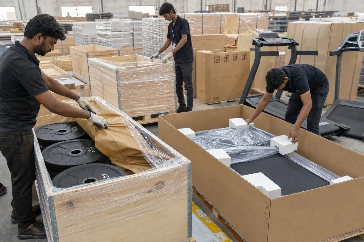 Workers packing cast iron weight plates in plywood crates and cardio machines in factory cartons for export