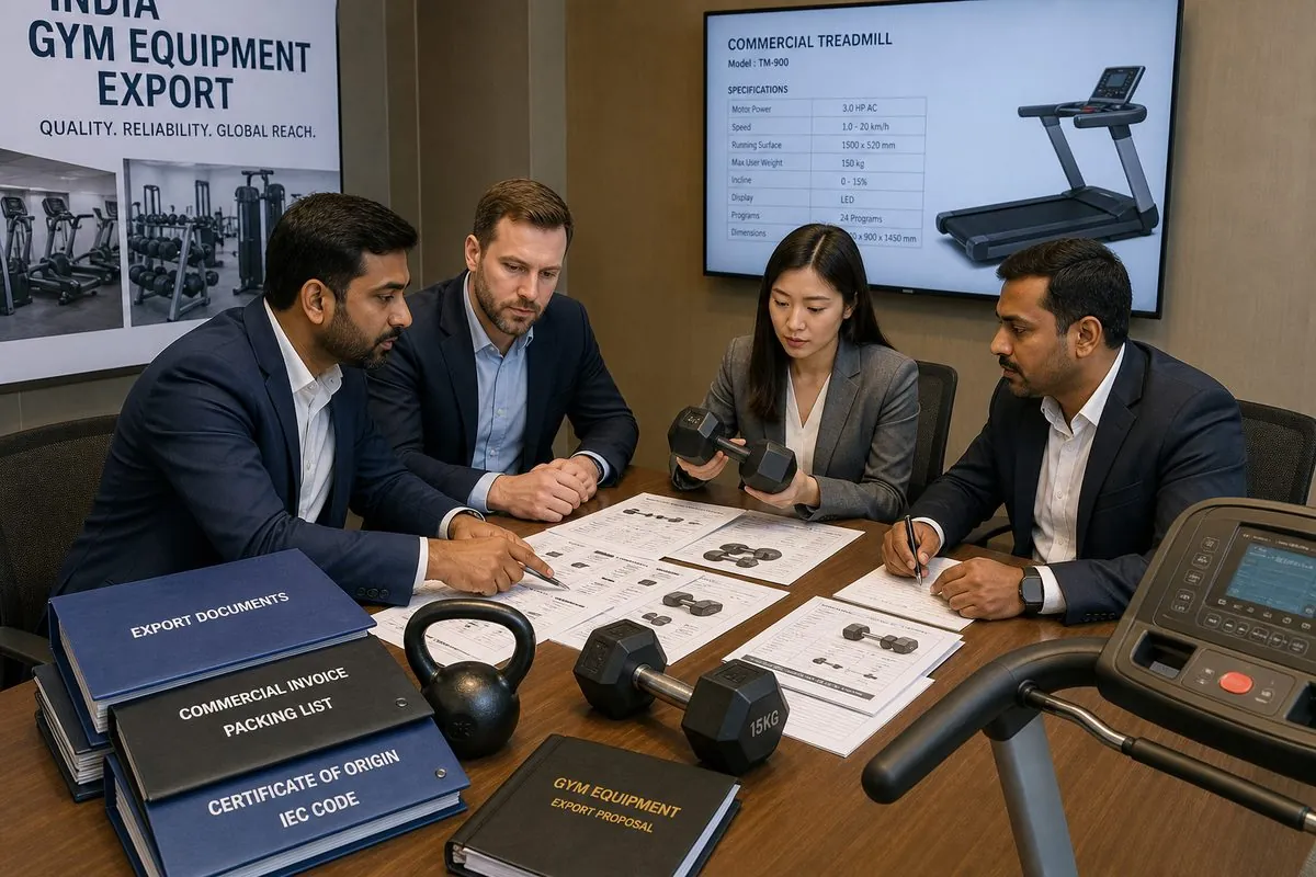 International buyers reviewing Indian gym equipment samples and export specification sheets with a sourcing partner
