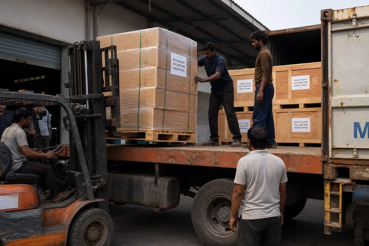 Workers loading palletized gym equipment cartons and weight plate crates onto a truck at an export warehouse dock