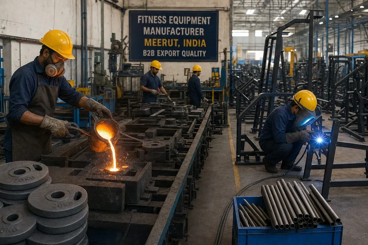 Workers casting weight plates and assembling cardio machine frames in a Meerut fitness equipment factory