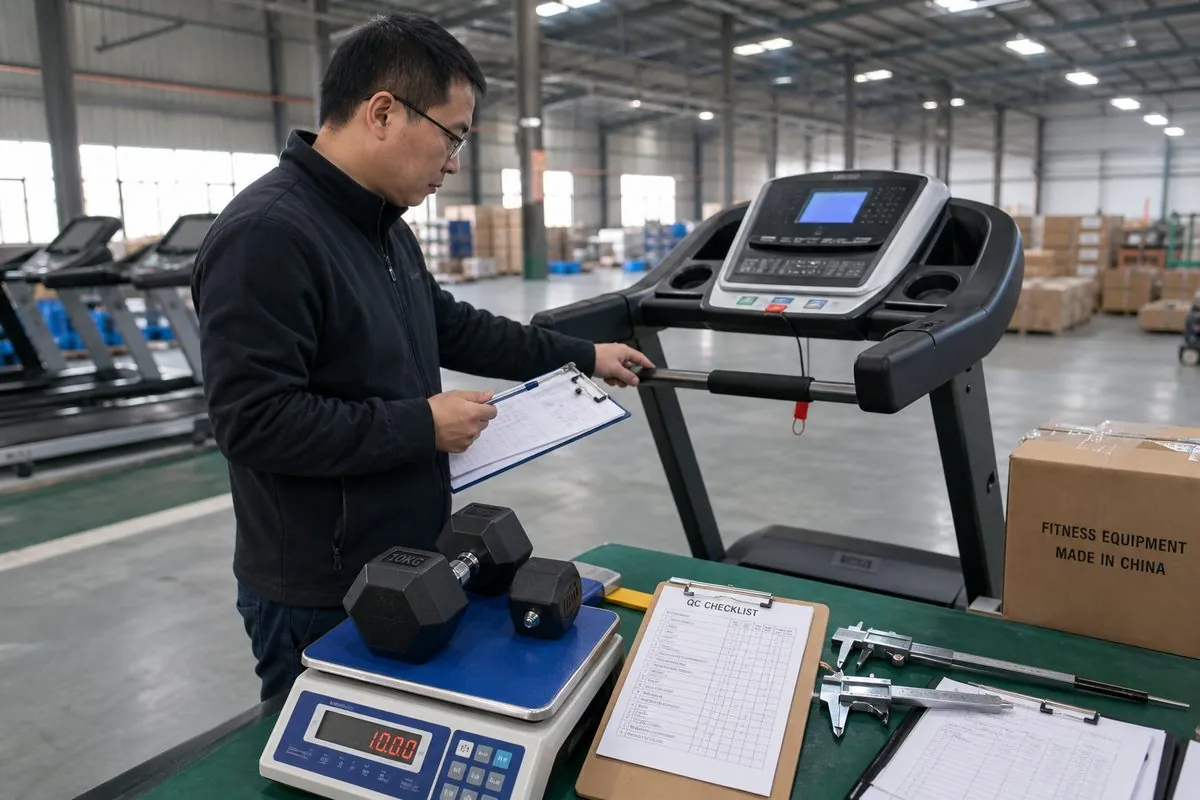 QC inspector weighing dumbbells and testing treadmill console functions on export samples
