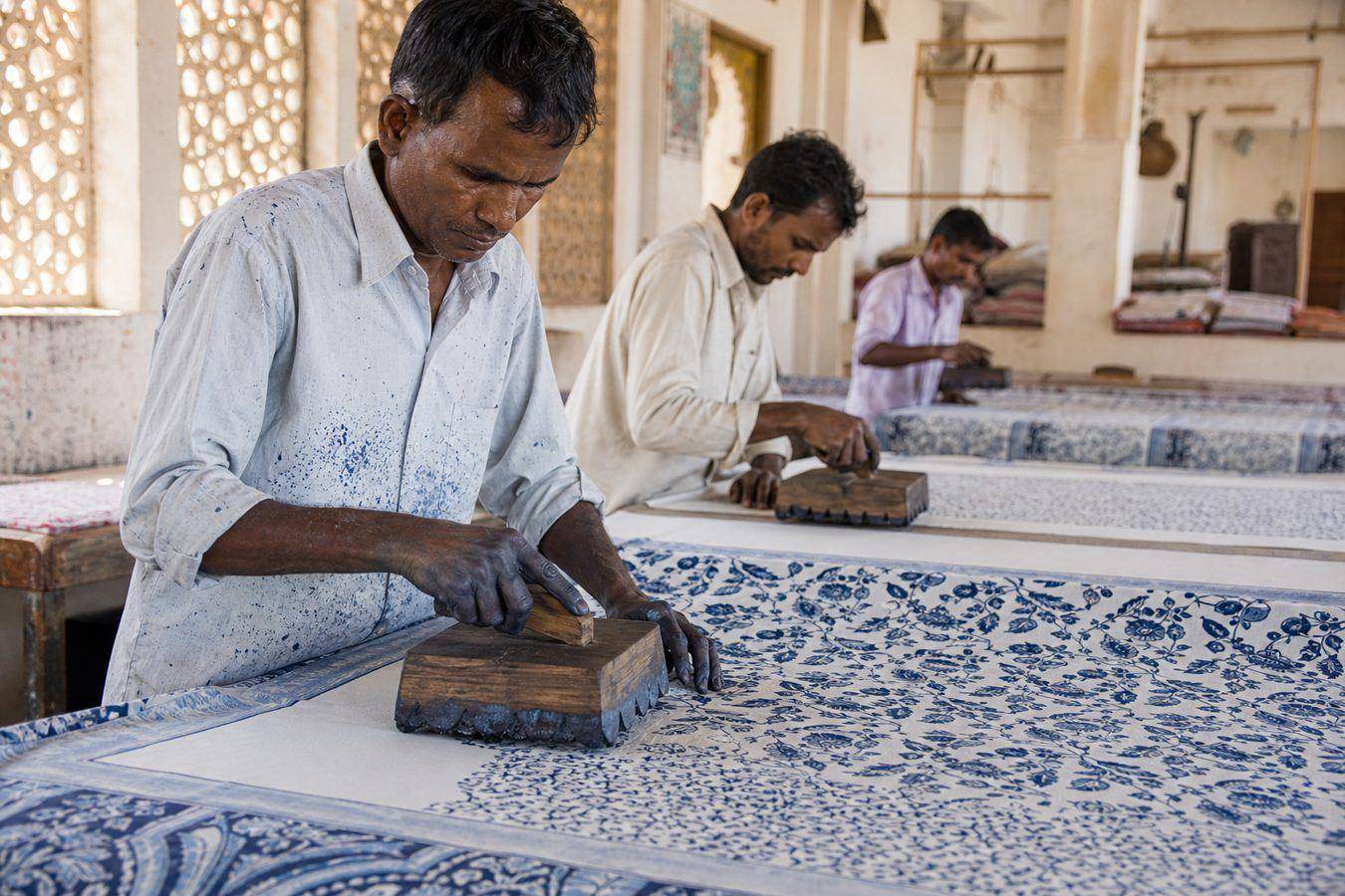 Indian artisans hand block printing indigo floral motifs on white cotton fabric with carved wooden blocks in a Rajasthan print workshop