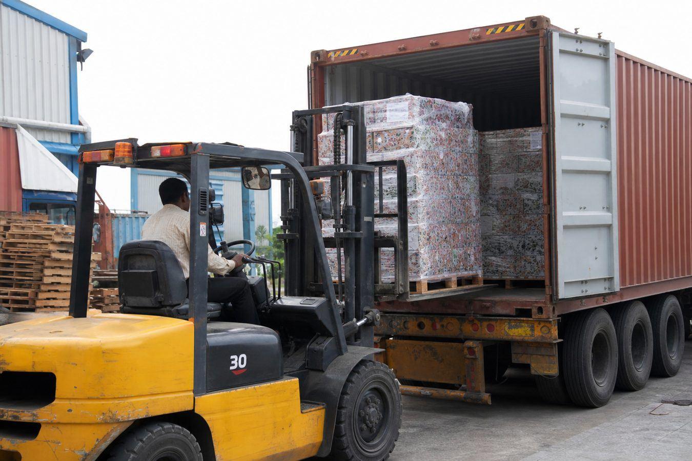 Forklift stuffing a pallet of shrink-wrapped hand printed textile cartons into an ocean shipping container for FCL export