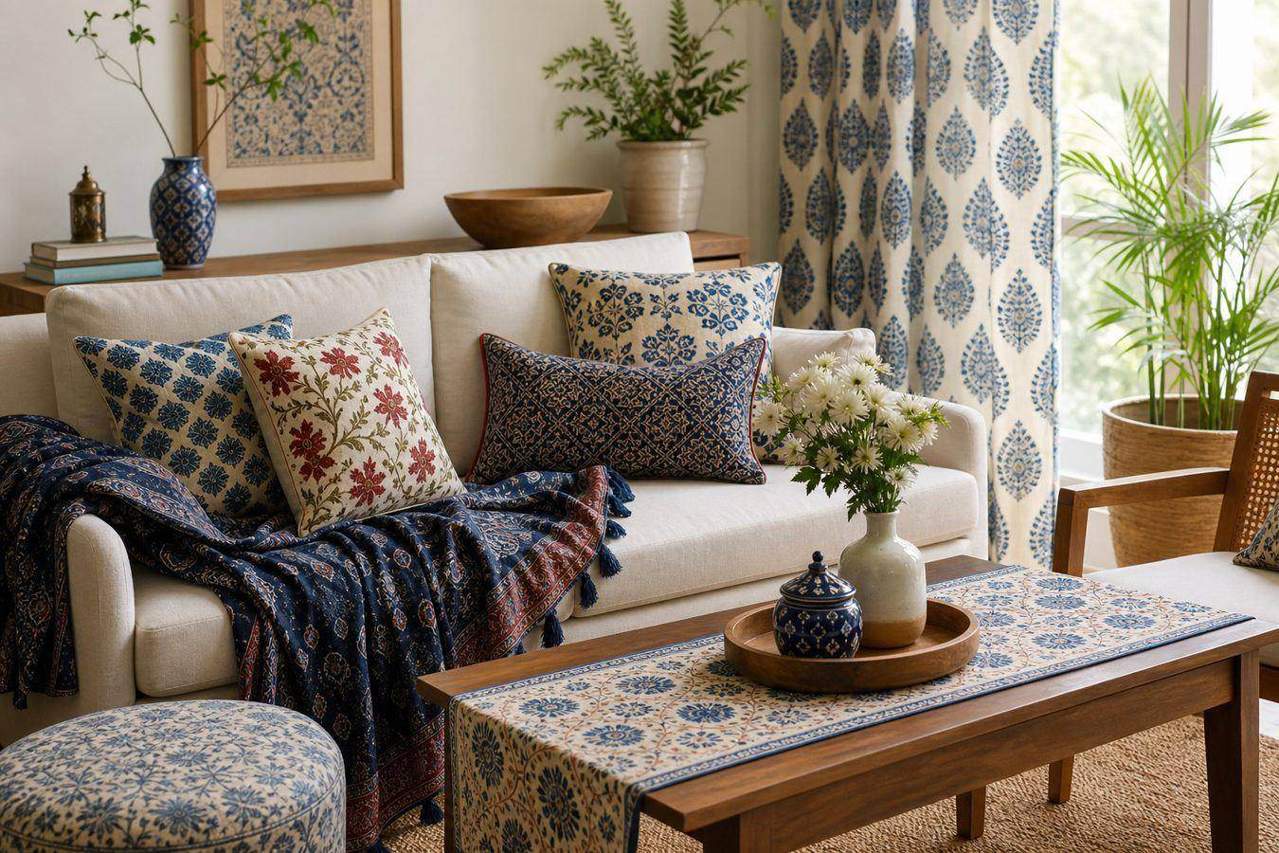 Modern living room styled with Indian hand printed cushions, indigo throw, table runner, pouf, and patterned curtains