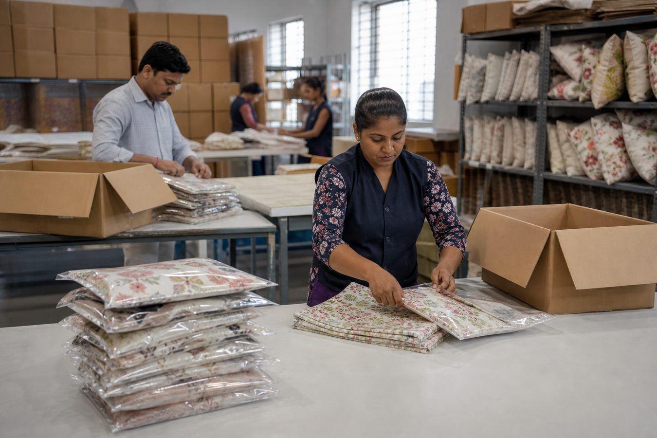 Workers folding hand printed cushion covers into polybags and corrugated export cartons with colourway labels in an Indian packing hall