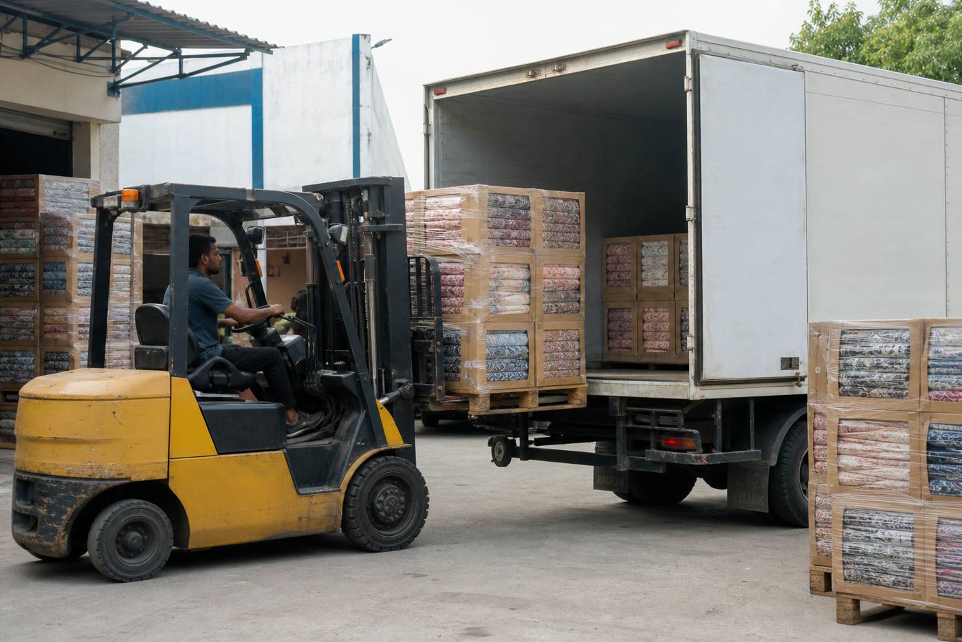 Forklift loading shrink-wrapped pallets of patterned hand printed textile rolls into a closed box freight truck at an Indian warehouse dock