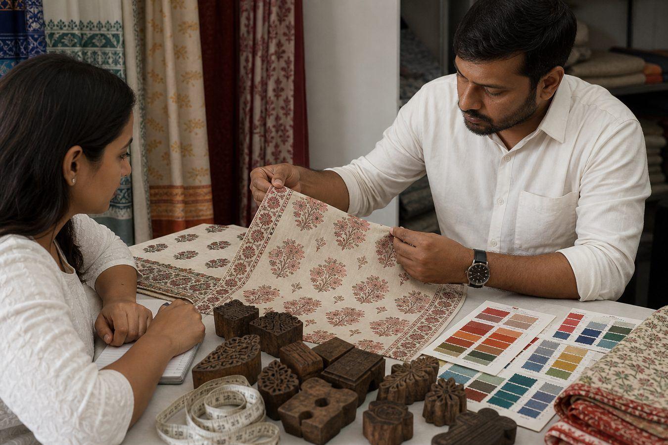 Quality team inspecting hand printed fabric strike-offs with wooden blocks, colour swatches, and measuring tape before export release