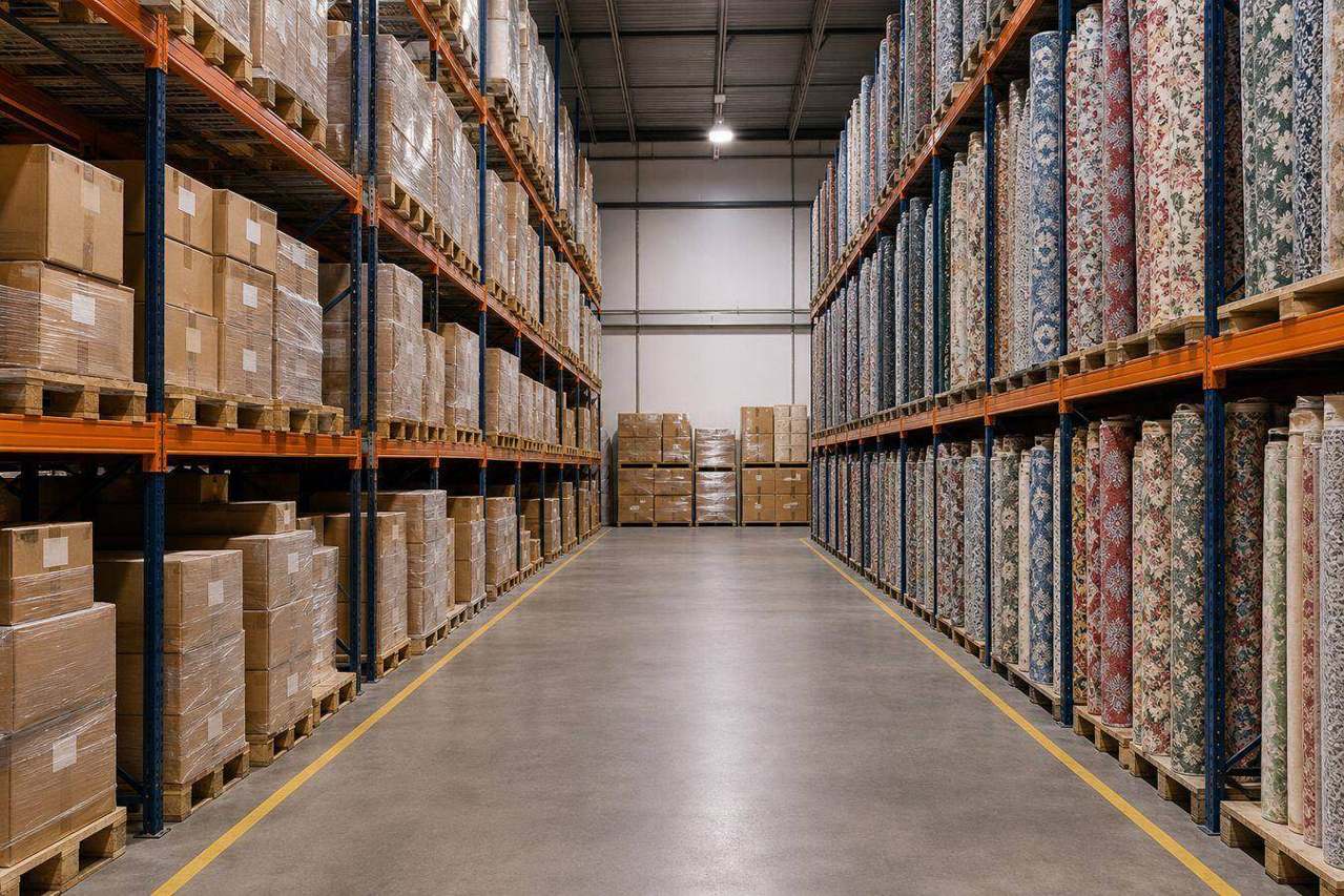 Export warehouse aisle with palletized cartons and tall racks of hand printed fabric rolls ready for Mundra or Nhava Sheva dispatch