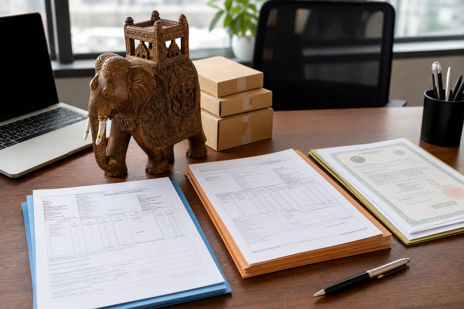 Handicraft export documentation checklist on a desk
