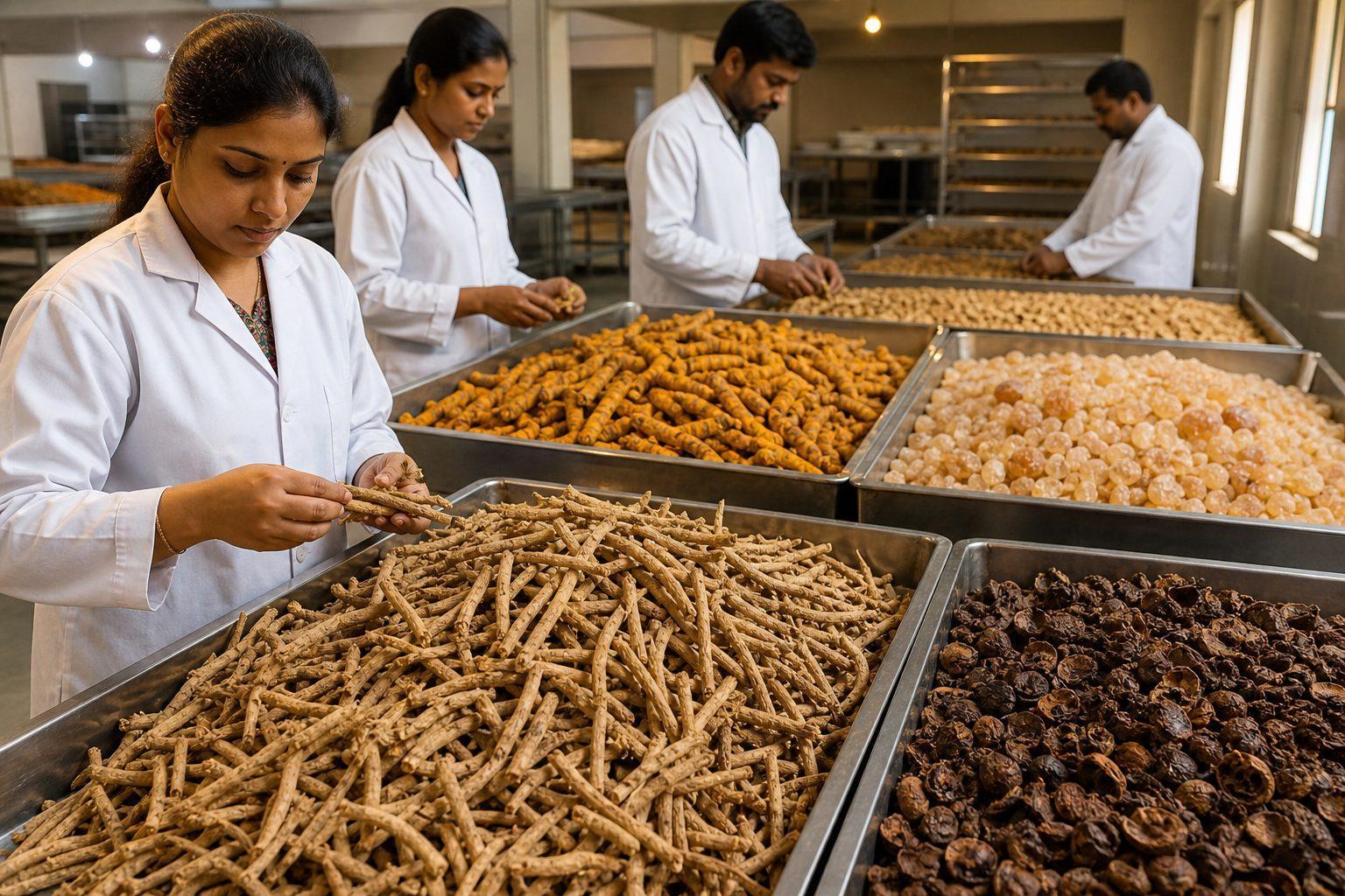 Dried ashwagandha roots, turmeric fingers, boswellia resin, and amla pieces sorted on stainless trays before herbal extract production in India