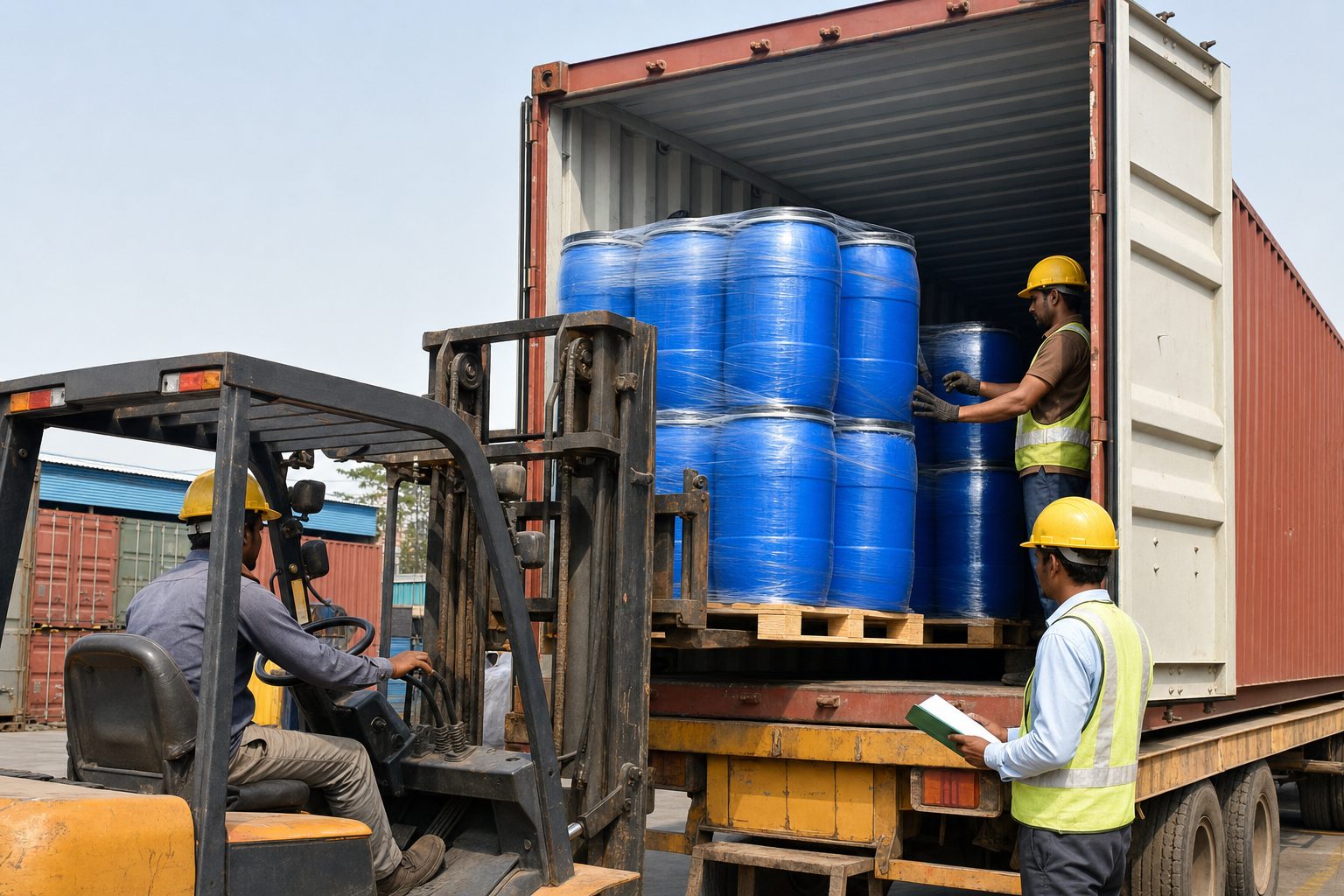 Forklift stuffing palletized HDPE drums of Indian herbal extracts into a shipping container for FCL export