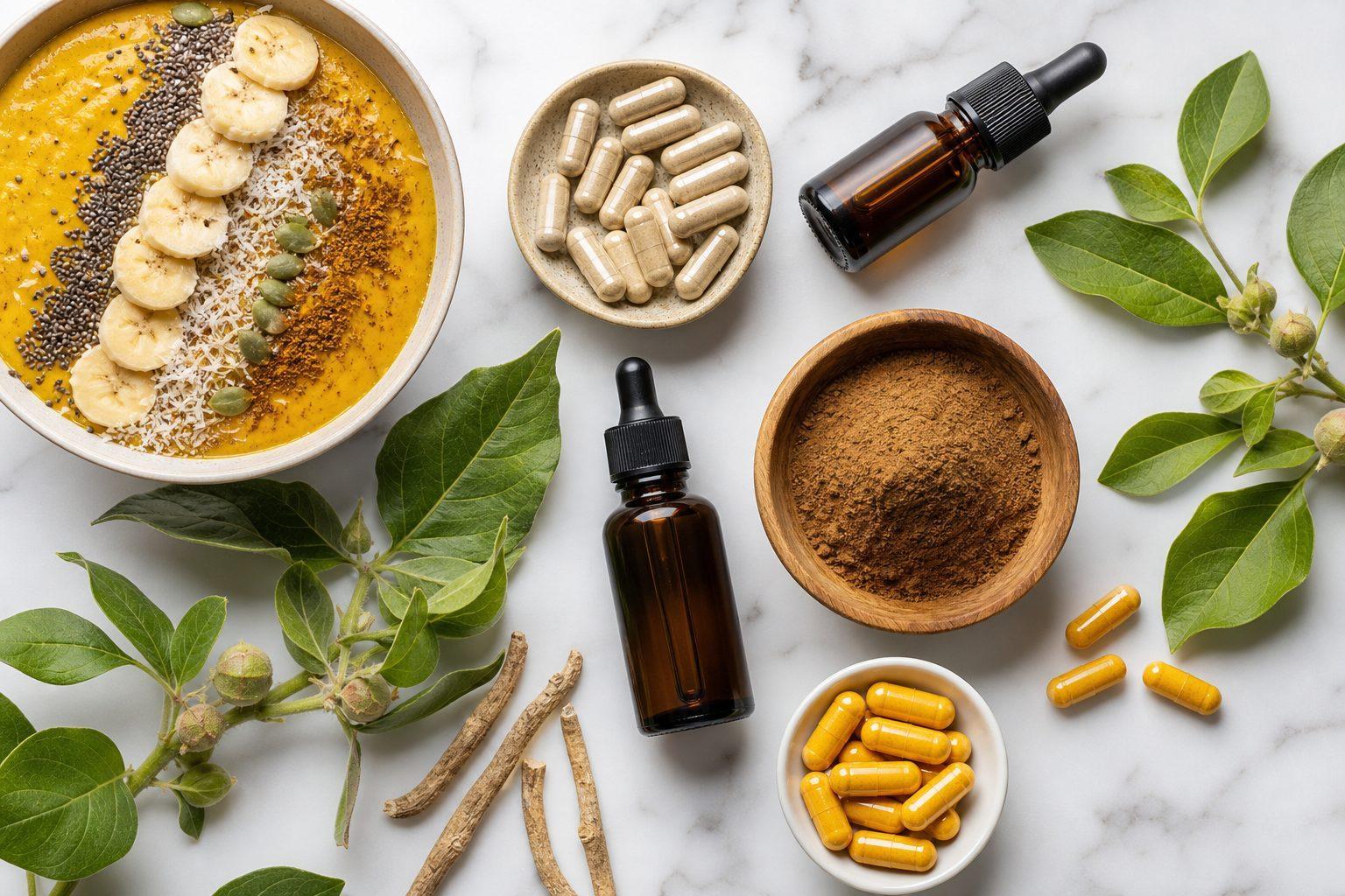 Ashwagandha and curcumin capsules, amber dropper bottles, and bowls of herbal extract powder showing nutraceutical end-use applications
