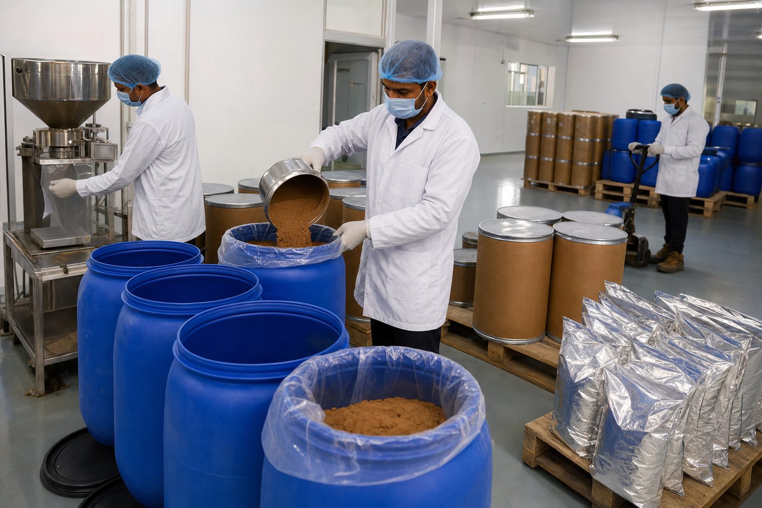 Workers filling blue HDPE export drums with brown herbal extract powder using food-grade liners in an Indian packaging room